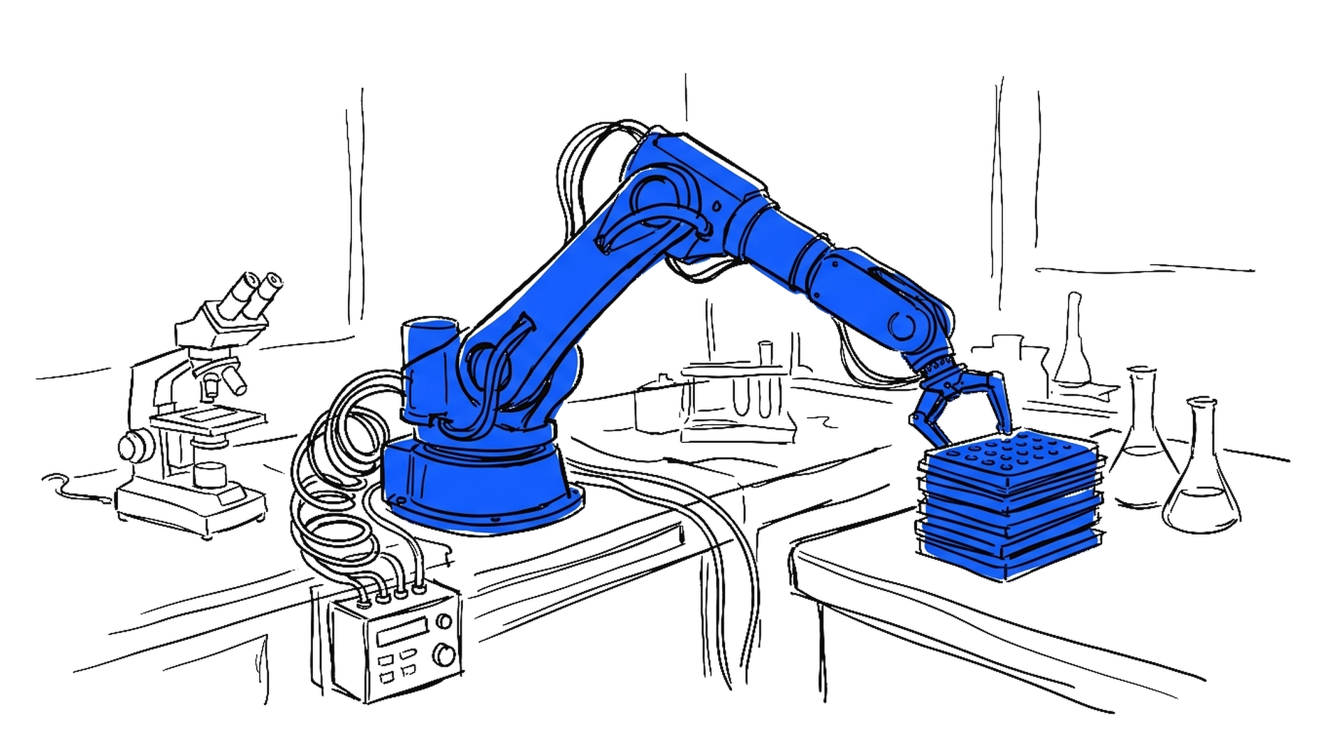 Illustration eines Roboterarms, der einen Stapel Probenplatten über eine Laborbank mit Mikroskop hebt, kinewsletter.ch Stil