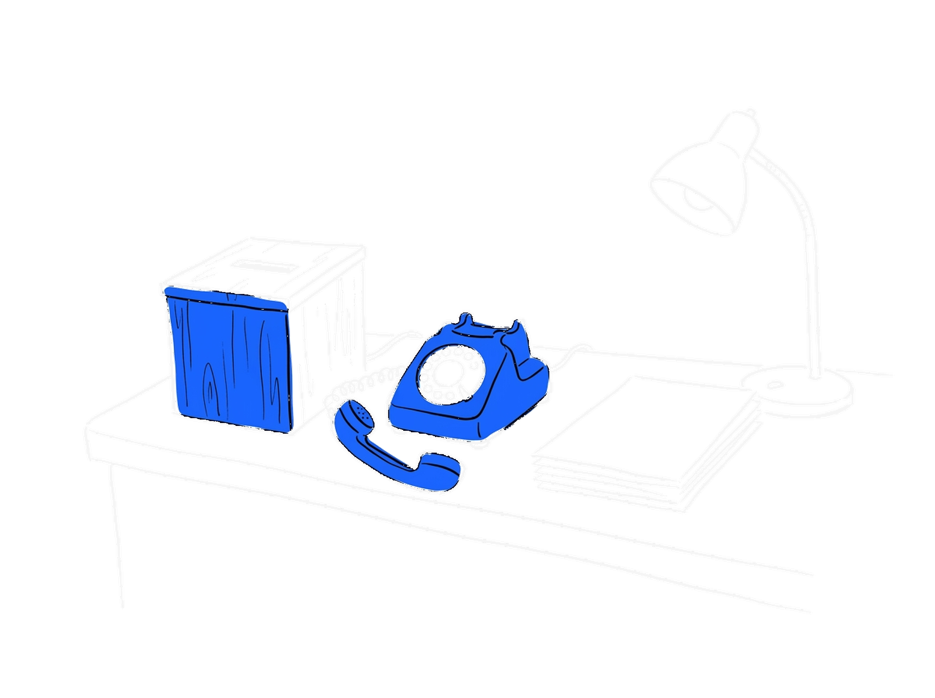 Handgezeichnete Skizze eines Schalters mit blauer Hinweisbox, blauem Wählscheibentelefon mit abgehobenem Hörer, Schreibtischlampe und Papierstapel