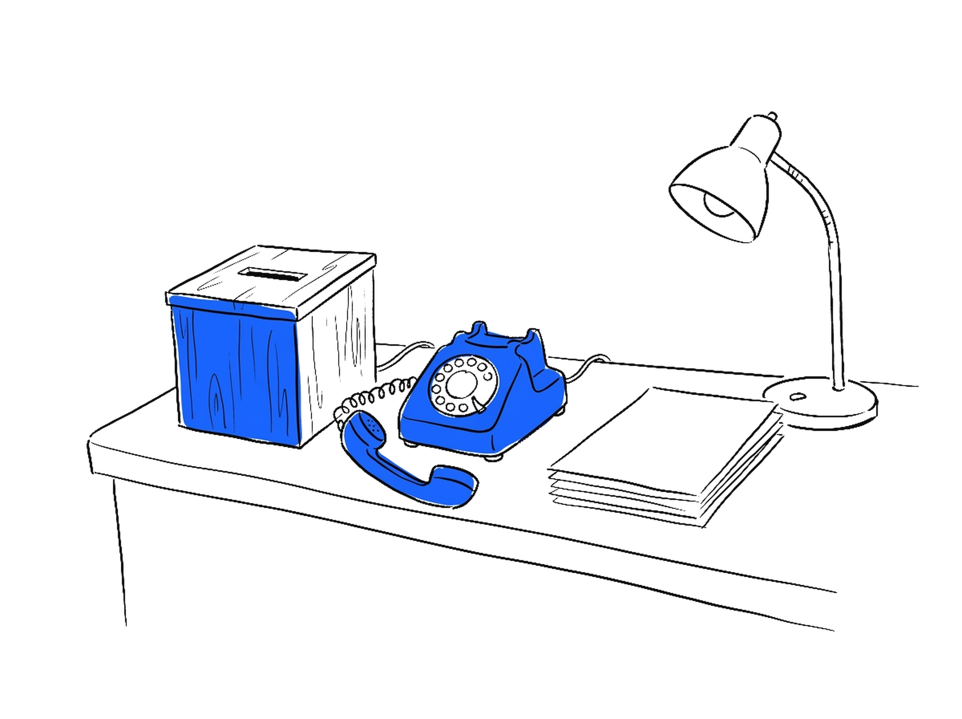 Handgezeichnete Skizze eines Schalters mit blauer Hinweisbox, blauem Wählscheibentelefon mit abgehobenem Hörer, Schreibtischlampe und Papierstapel