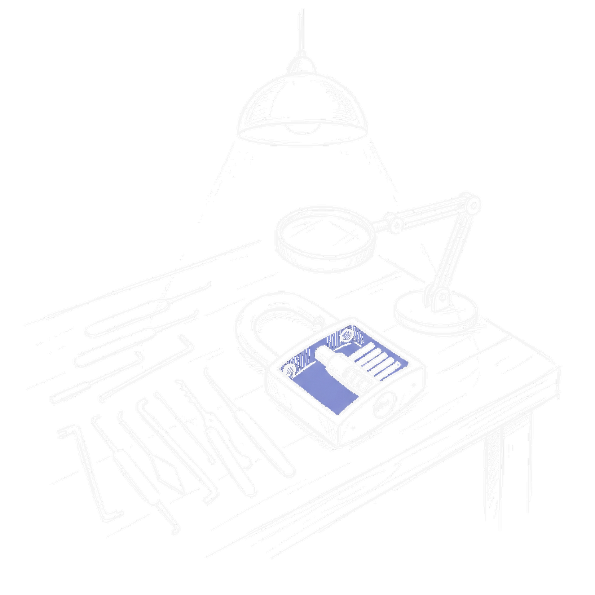 Skizze einer Werkbank mit aufgebrochenem Vorhaengeschloss und Lockpicking-Werkzeug, Dark Mode, kinewsletter.ch Stil