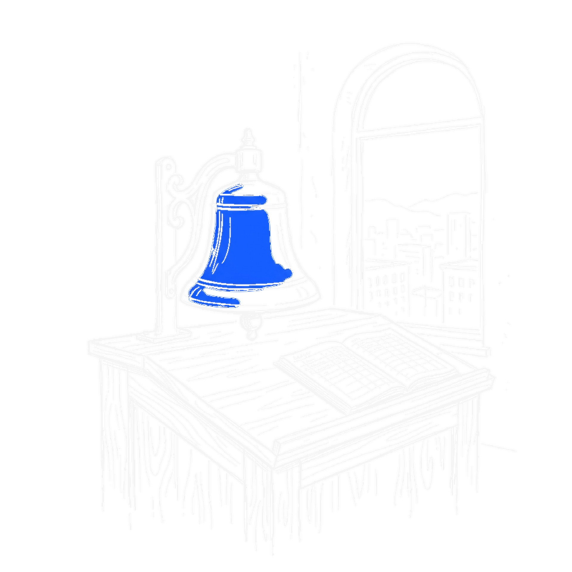 Illustration einer Börsenglocke auf einem Holzpult mit aufgeschlagenem Hauptbuch, kinewsletter.ch Stil
