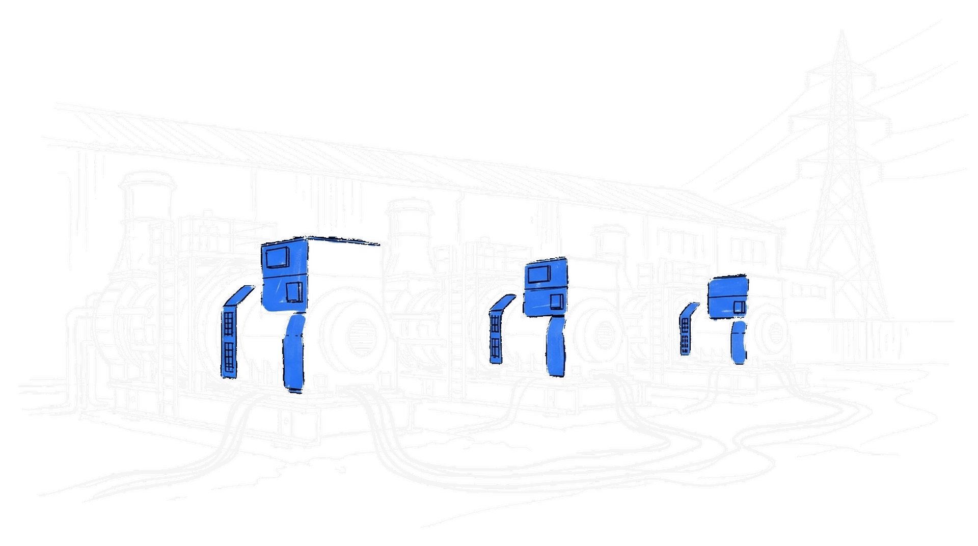 Illustration einer Reihe industrieller Generatoren vor einer Halle mit Strommast und Kabelsträngen, kinewsletter.ch Stil
