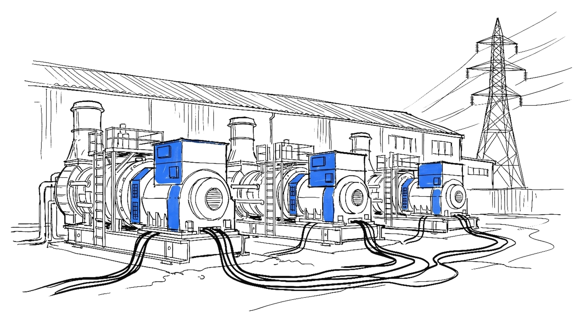 Illustration einer Reihe industrieller Generatoren vor einer Halle mit Strommast und Kabelsträngen, kinewsletter.ch Stil