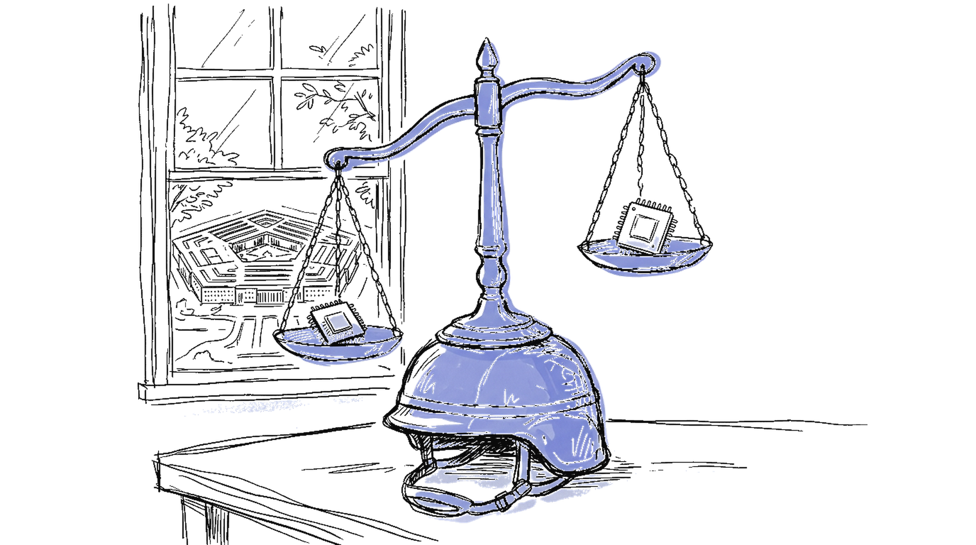 Illustration einer Waage der Gerechtigkeit neben einem Militärhelm und einem Computerchip – symbolisiert den Konflikt zwischen KI-Sicherheit und militärischen Forderungen