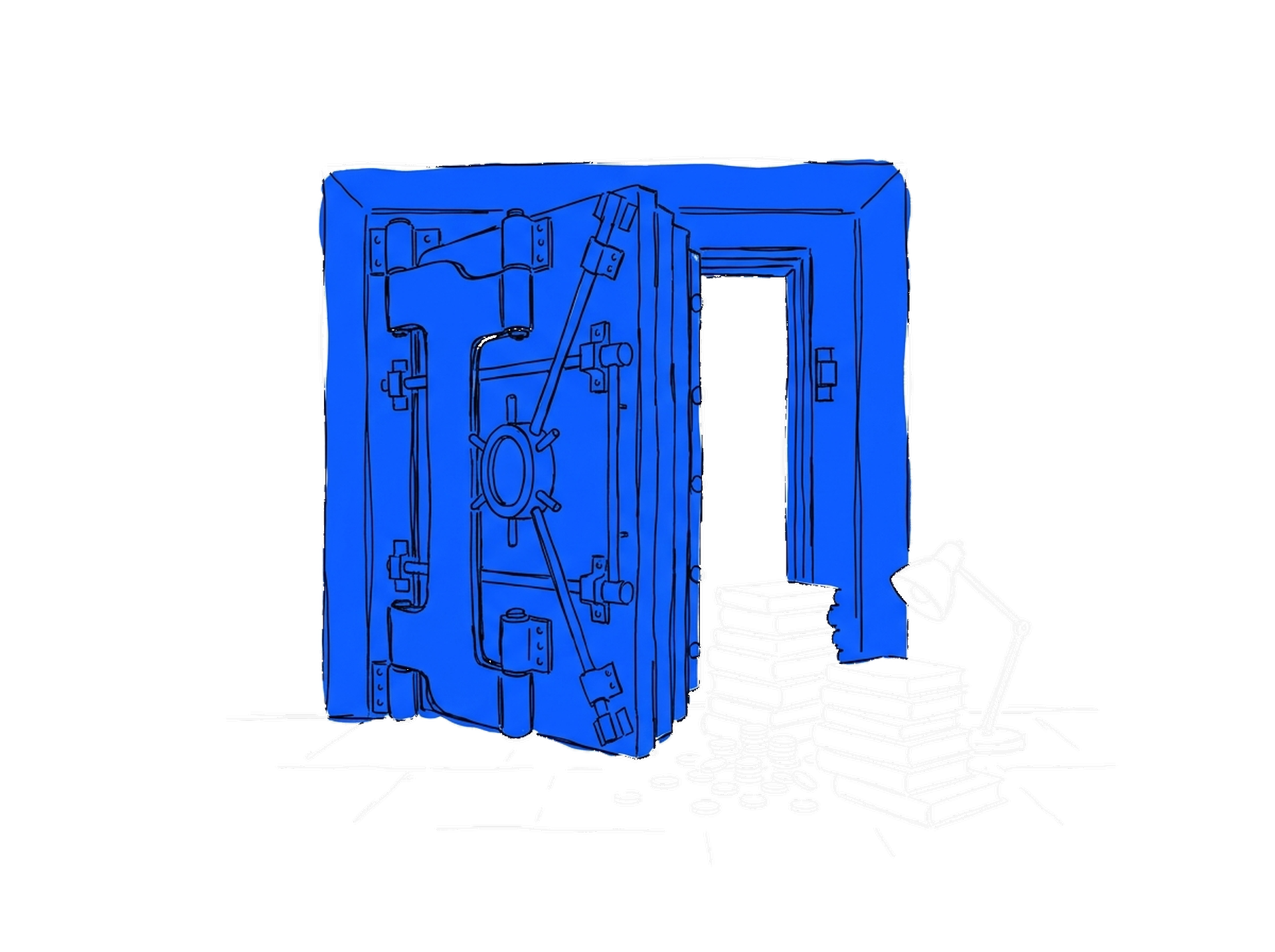 Tuschskizze eines offenen Tresors mit elektroblauer Tür, davor Bücherstapel und Münzen