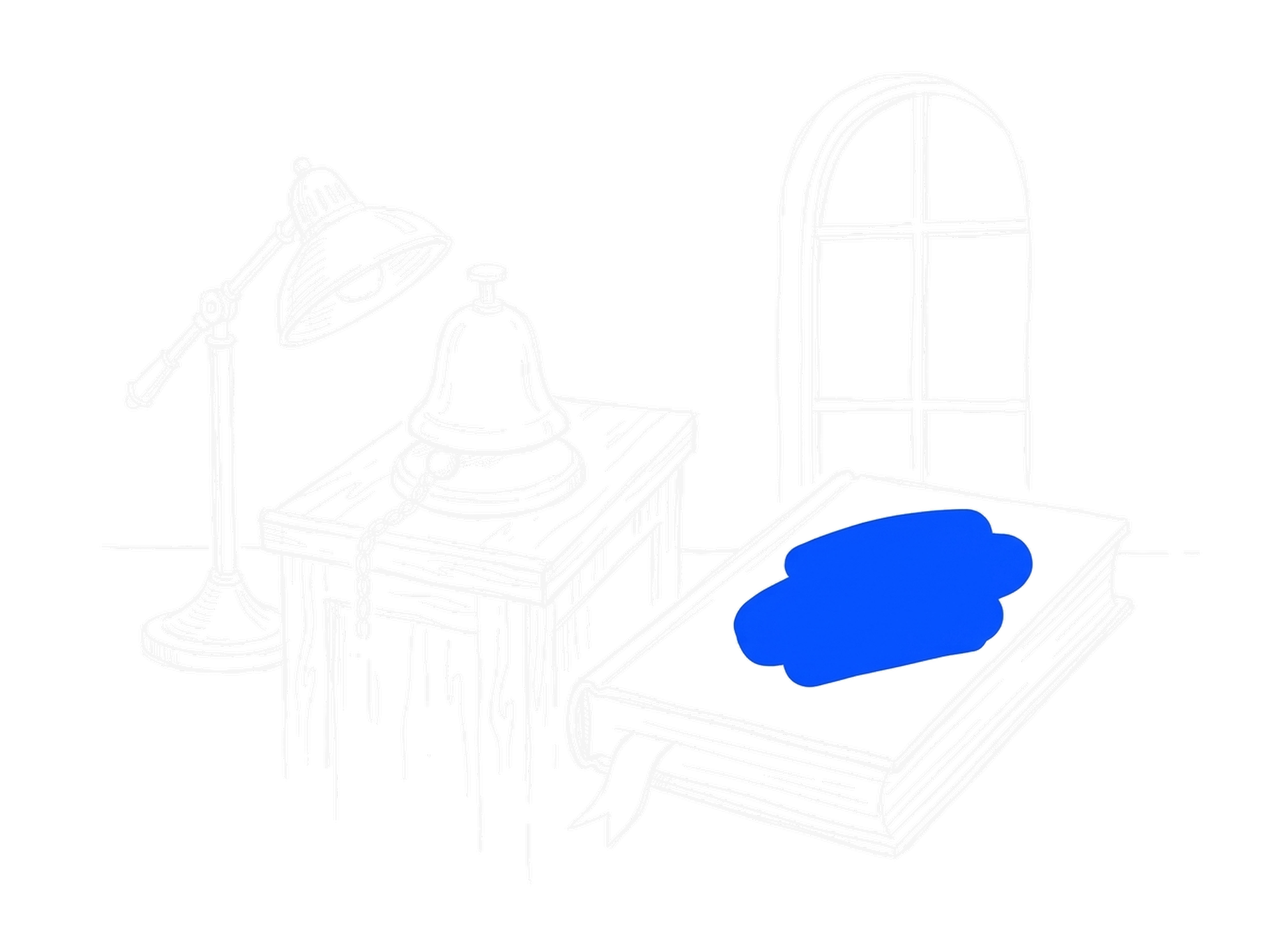 Handgezeichnete Skizze einer Börsenglocke auf einem Holzpult mit Schreibtischlampe und einem dicken gebundenen Dokument, das in Blau leuchtet