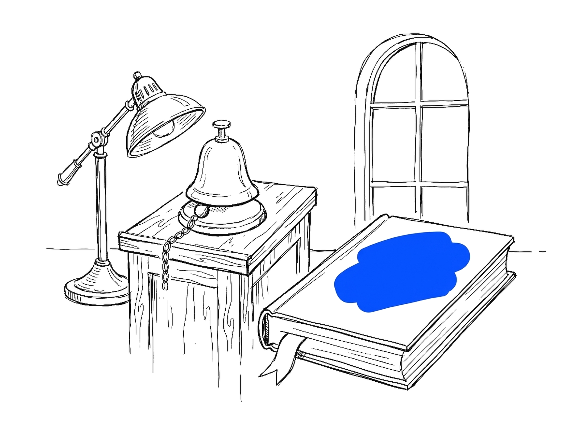 Handgezeichnete Skizze einer Börsenglocke auf einem Holzpult mit Schreibtischlampe und einem dicken gebundenen Dokument, das in Blau leuchtet