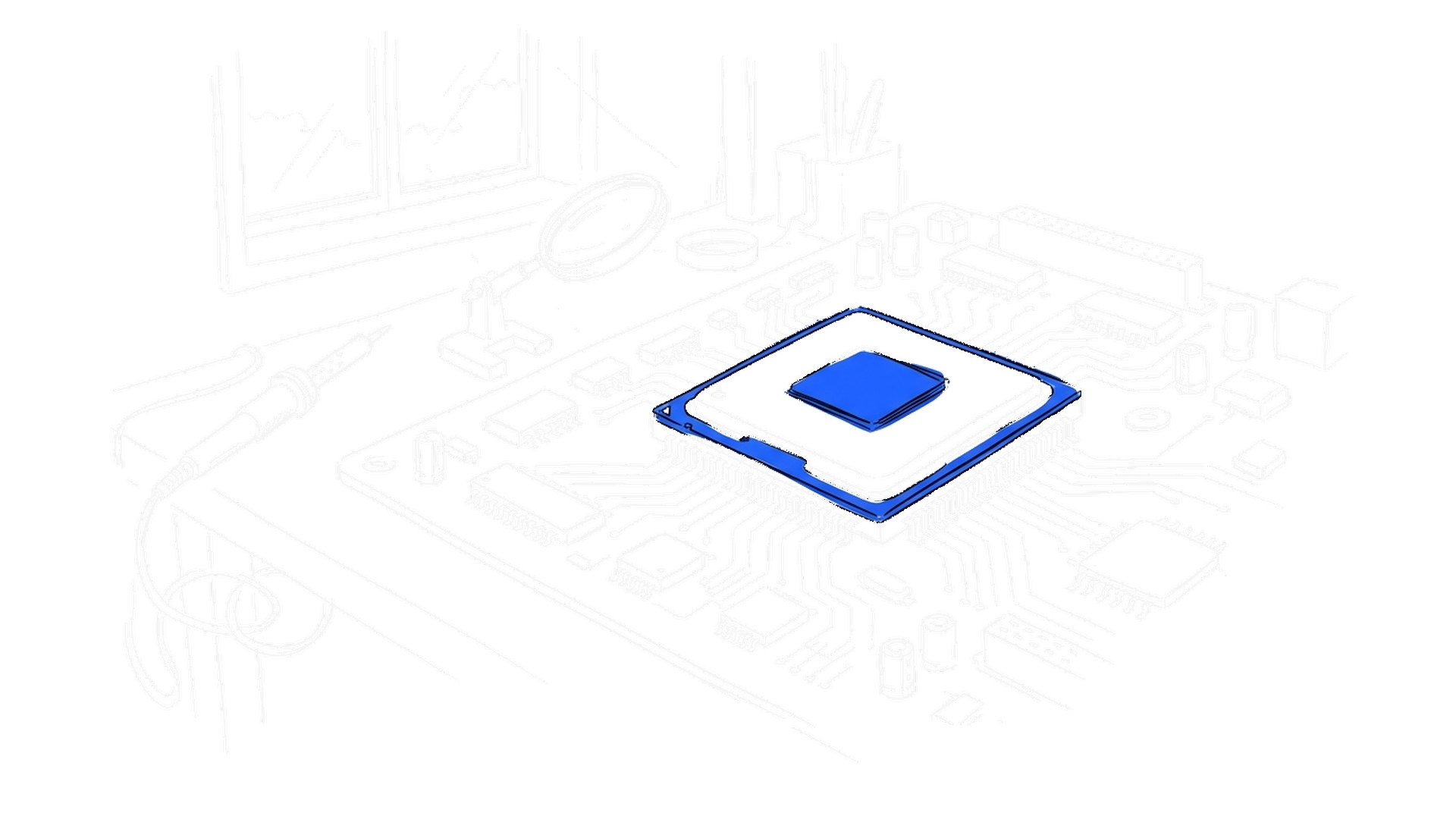Illustration einer Platine mit Lötkolben und Lupe, kinewsletter.ch Stil
