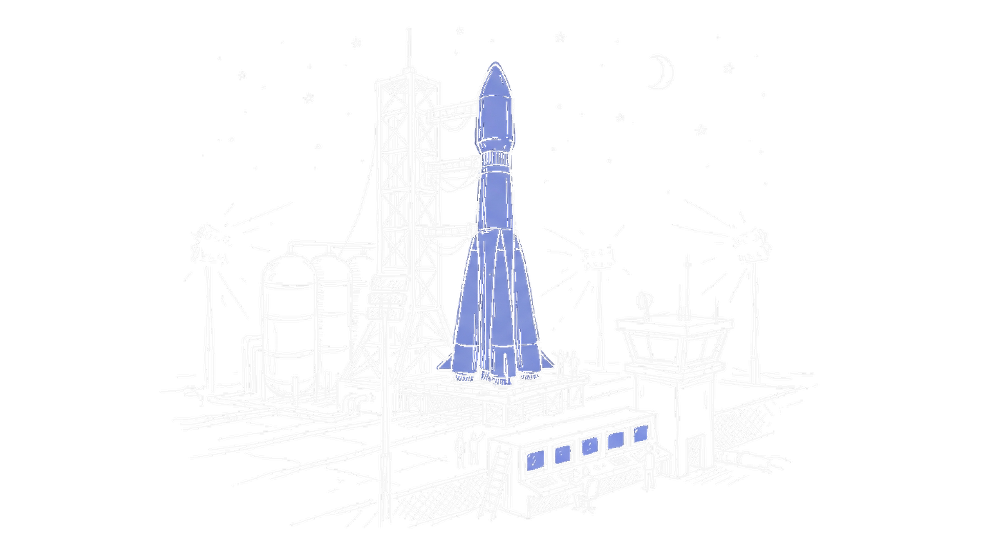 Illustration einer Rakete auf Startrampe nachts mit Kontrollturm, kinewsletter.ch Stil