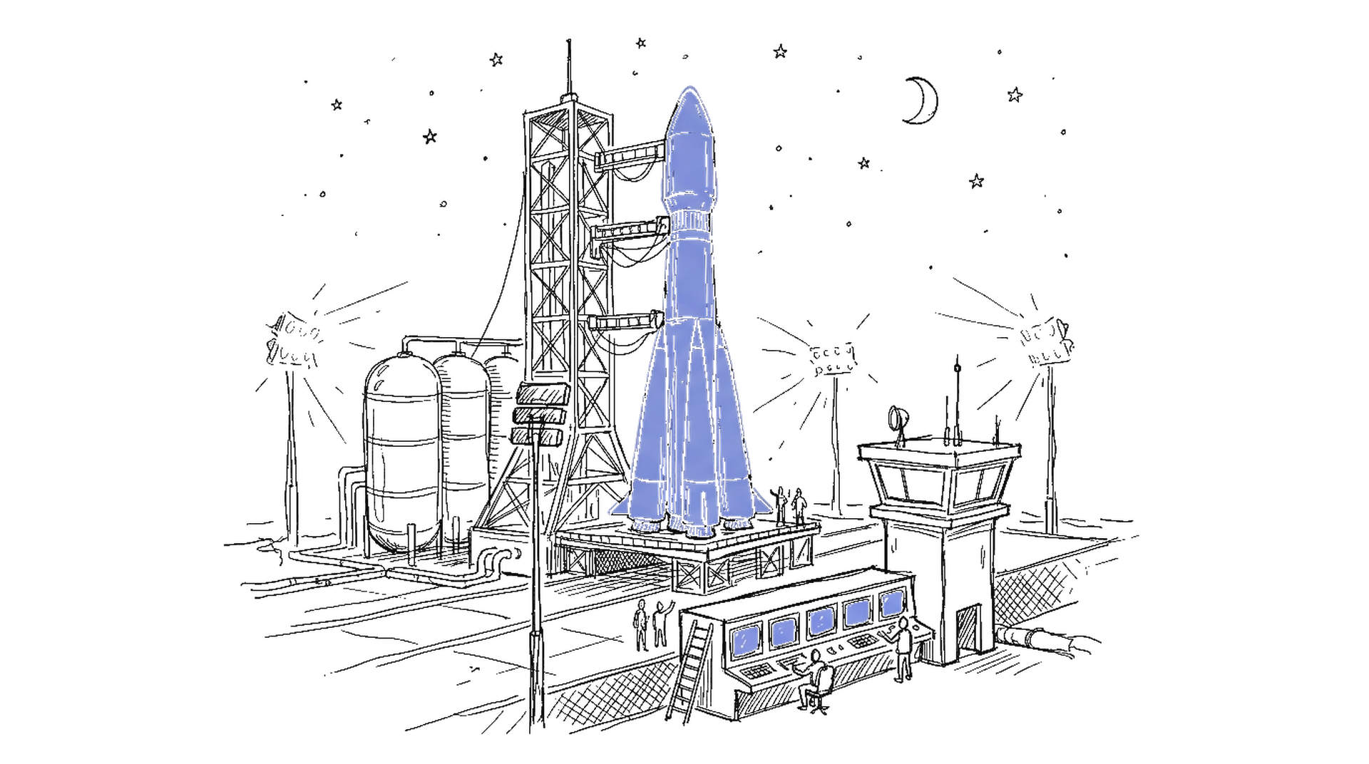 Illustration einer Rakete auf Startrampe nachts mit Kontrollturm, kinewsletter.ch Stil