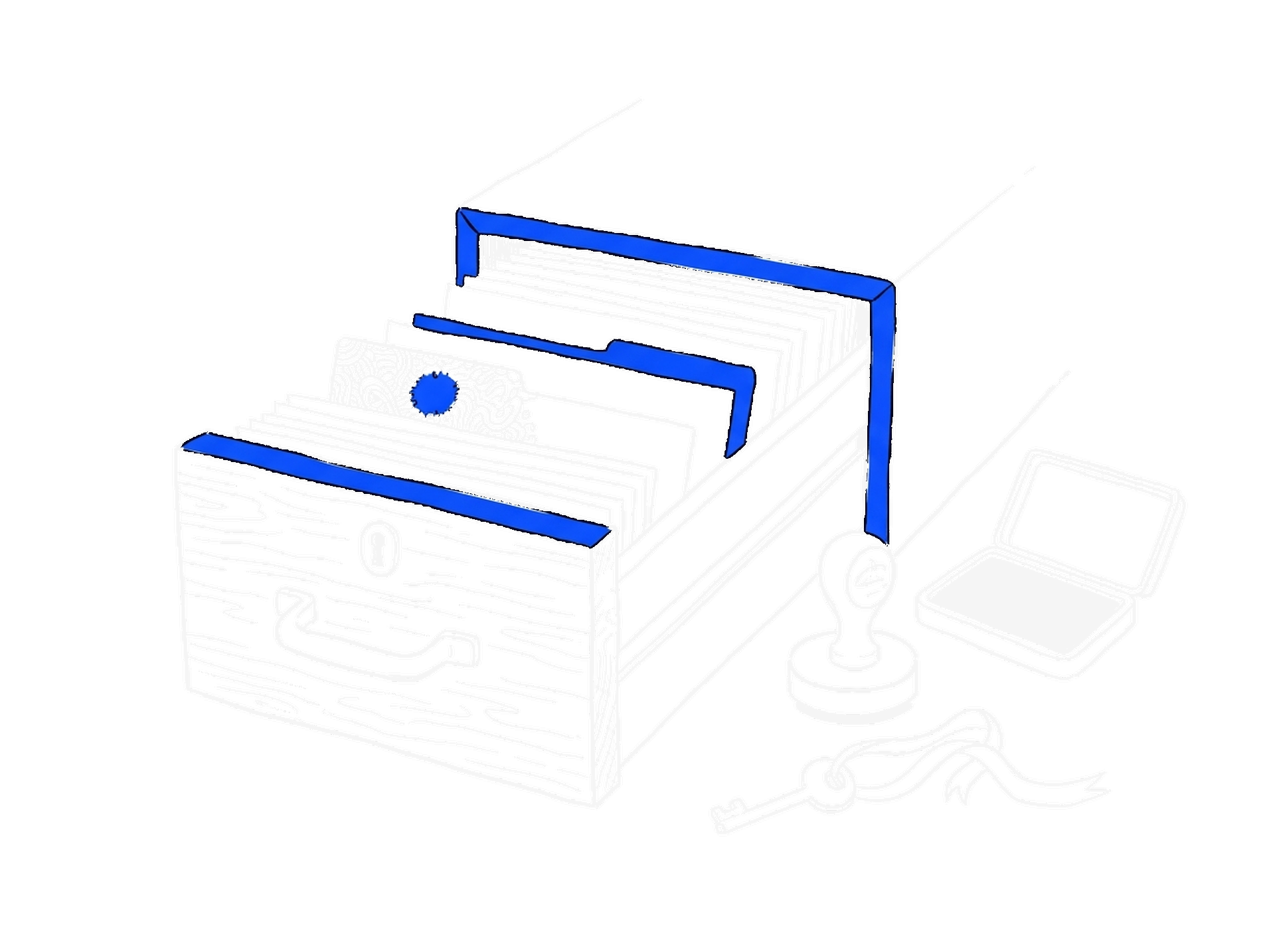 Handgezeichnete Skizze eines Bücherregals mit Ordnern und einer aufgeschlagenen Mappe, kinewsletter.ch Stil