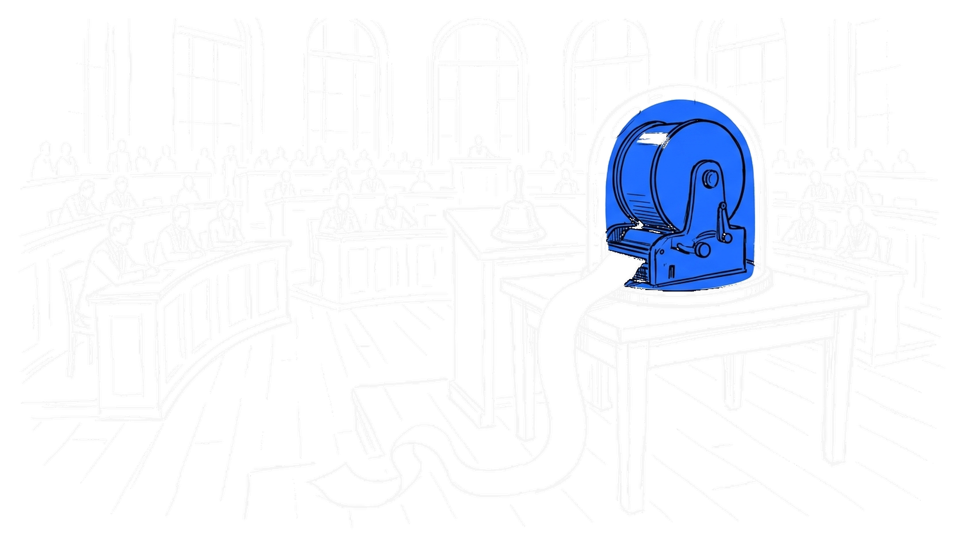 Illustration einer Börsenhalle mit Ticker-Maschine und Handglocke, kinewsletter.ch Stil