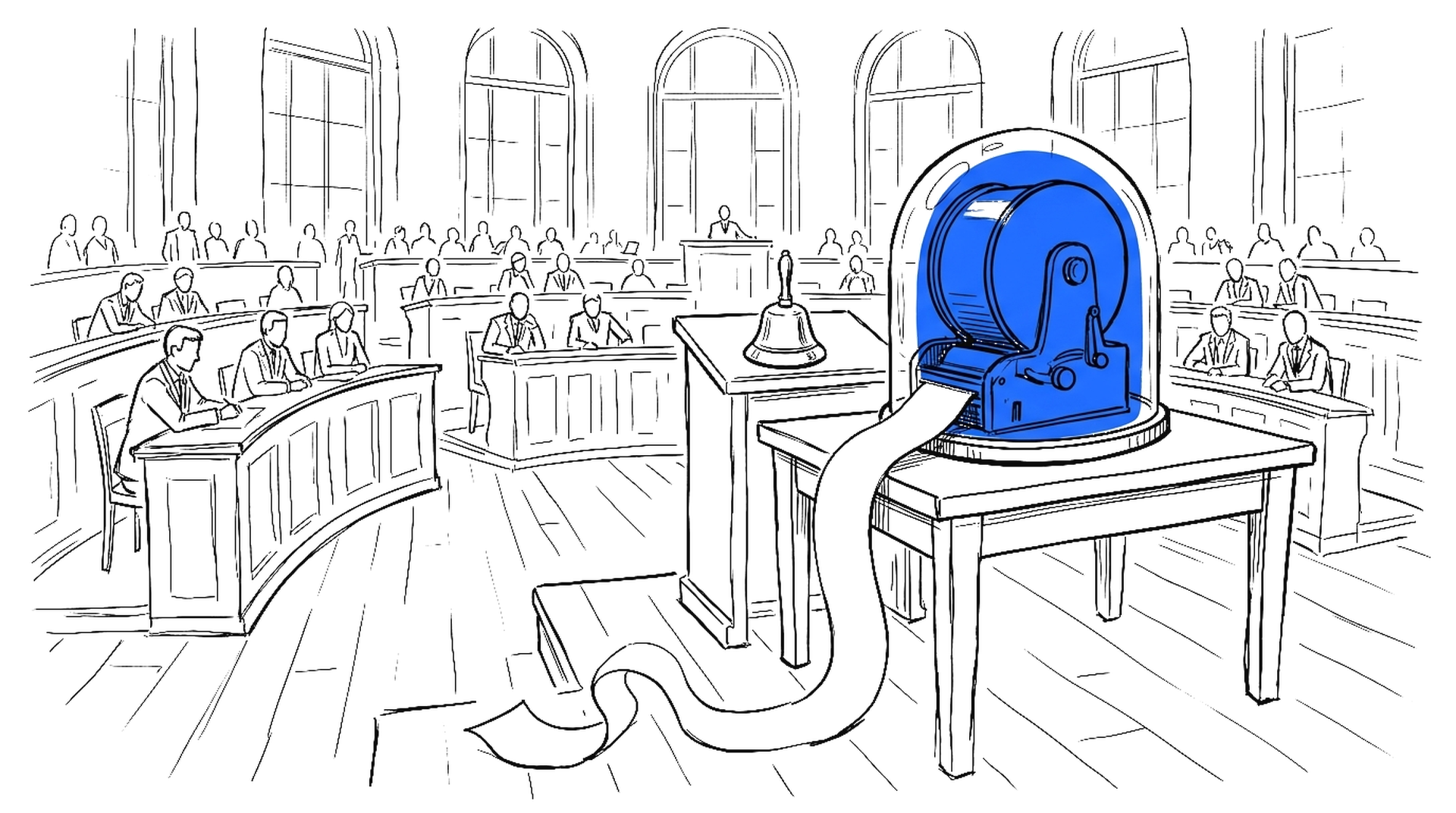 Illustration einer Börsenhalle mit Ticker-Maschine und Handglocke, kinewsletter.ch Stil
