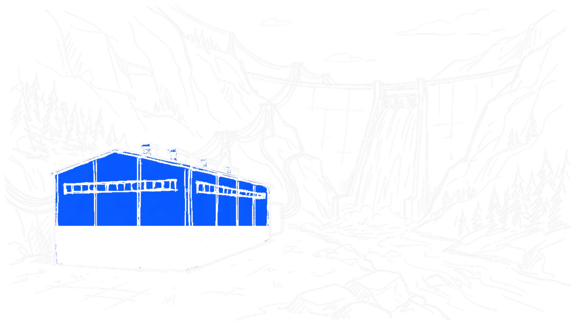 Illustration eines elektroblauen Rechenzentrums vor einem Staudamm im Bergtal, kinewsletter.ch Stil