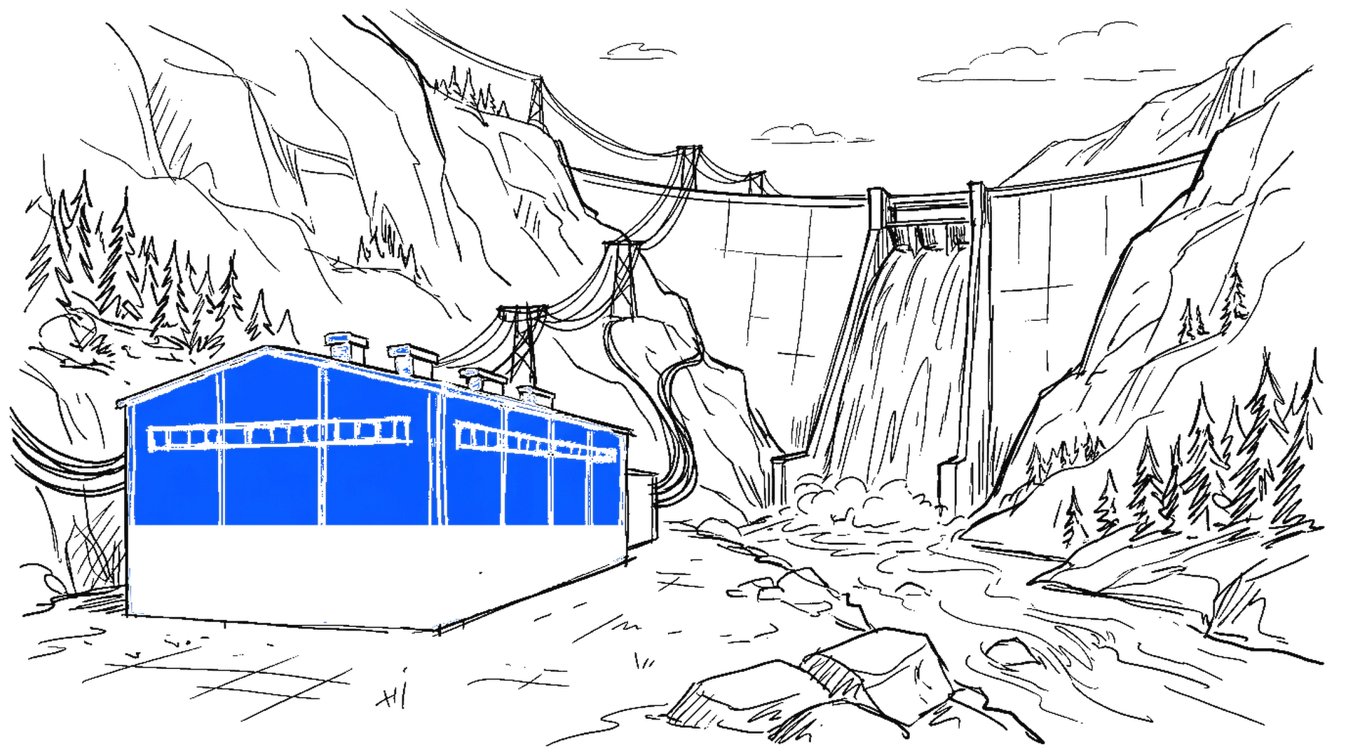 Illustration eines elektroblauen Rechenzentrums vor einem Staudamm im Bergtal, kinewsletter.ch Stil