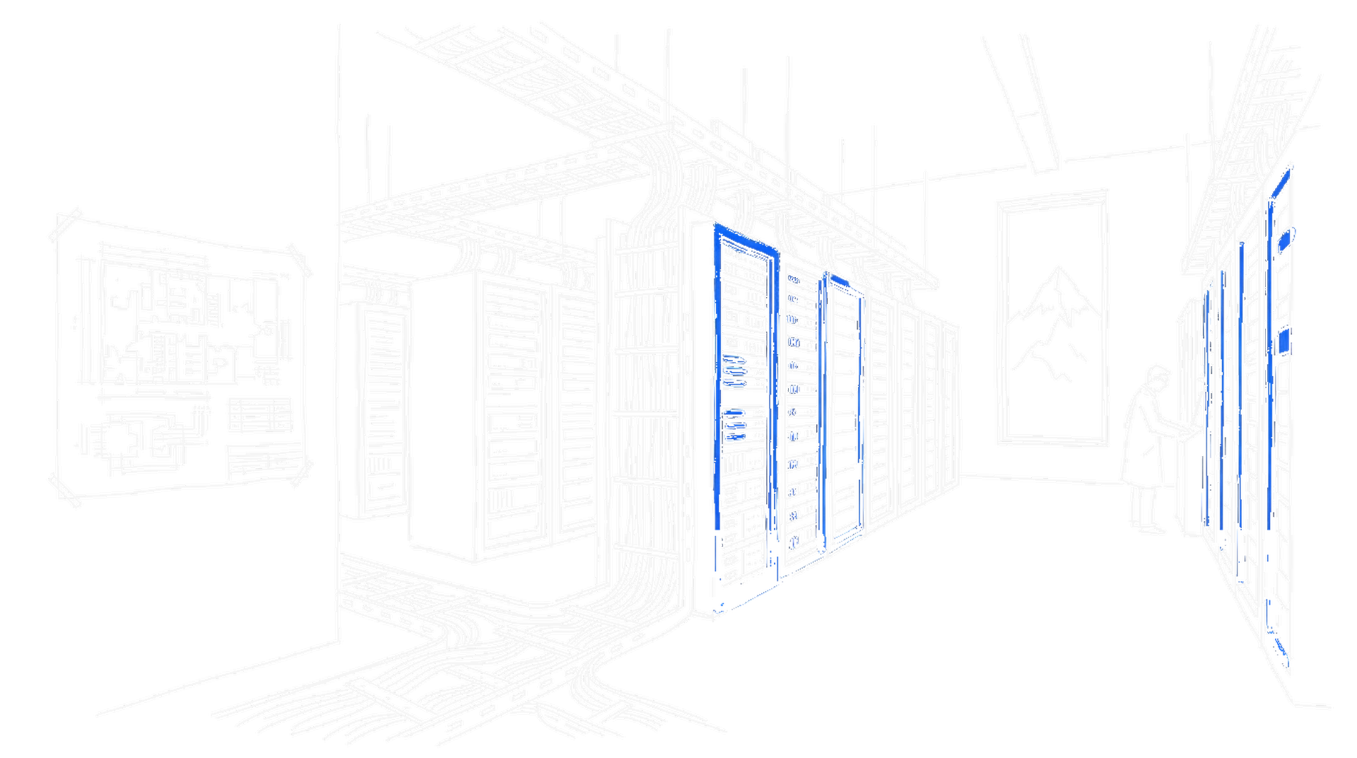 Illustration einer Schweizer Supercomputer-Serverhalle mit offenem Bauplan und Alpengipfel, kinewsletter.ch Stil