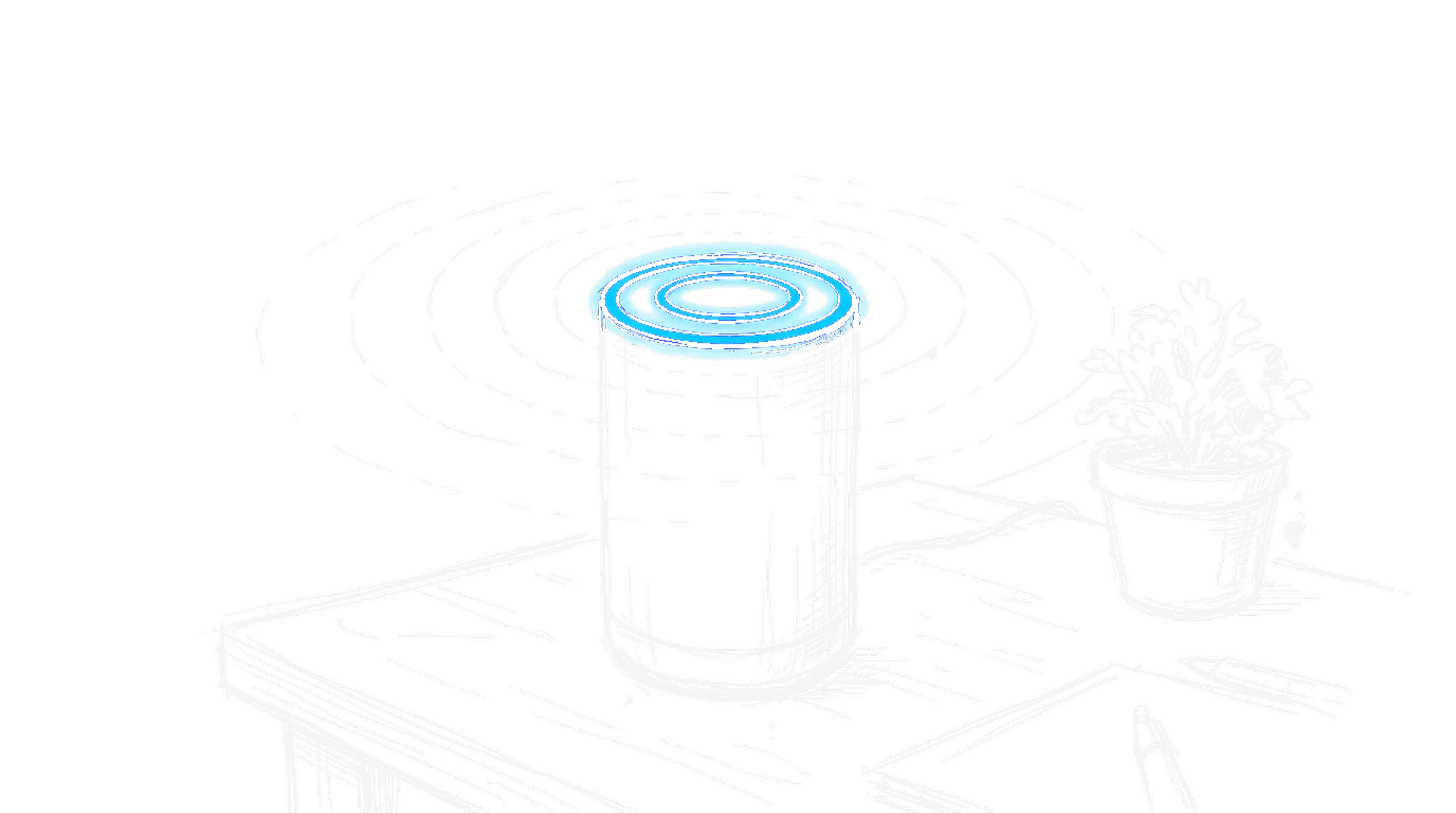 Handgezeichnete Skizze eines zylindrischen Smart-Speakers mit einem elektroblau leuchtenden Lichtring und Schallwellen, daneben eine Topfpflanze (Dark Mode)