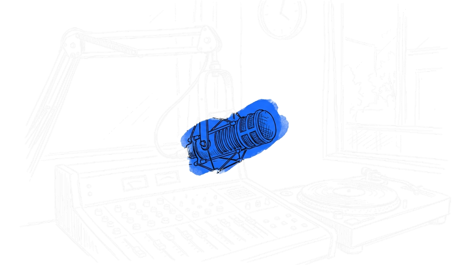 Illustration eines Radiostudios mit Bändchenmikrofon am Galgen, Mischpult mit Faderreihe und Plattenspieler, kinewsletter.ch Stil