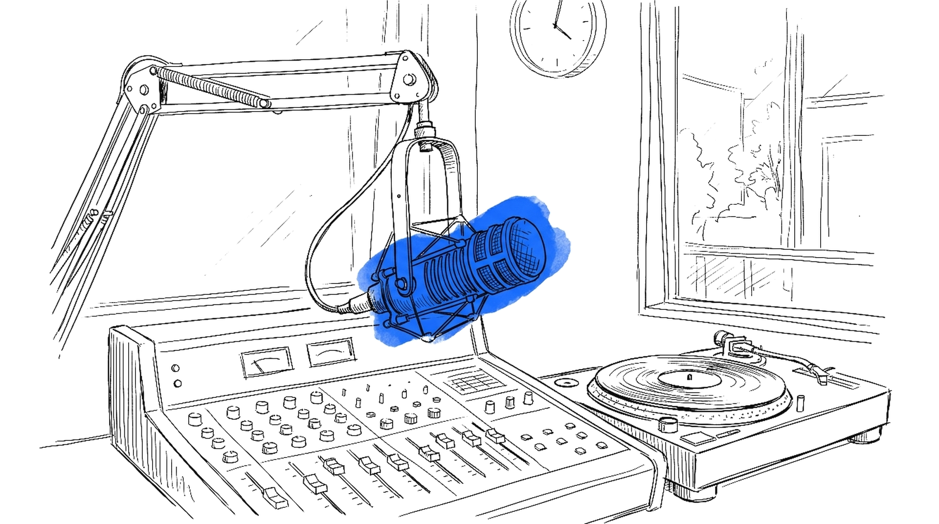 Illustration eines Radiostudios mit Bändchenmikrofon am Galgen, Mischpult mit Faderreihe und Plattenspieler, kinewsletter.ch Stil