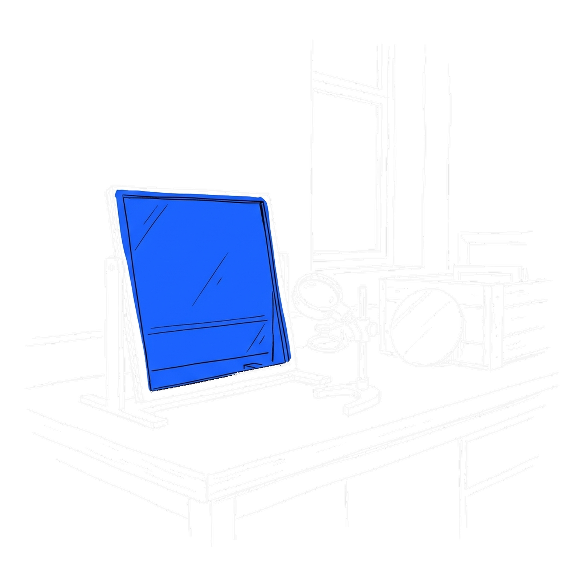 Illustration einer grossformatigen Photomaske auf einer Werkbank mit Lupe und Wafer, kinewsletter.ch Stil