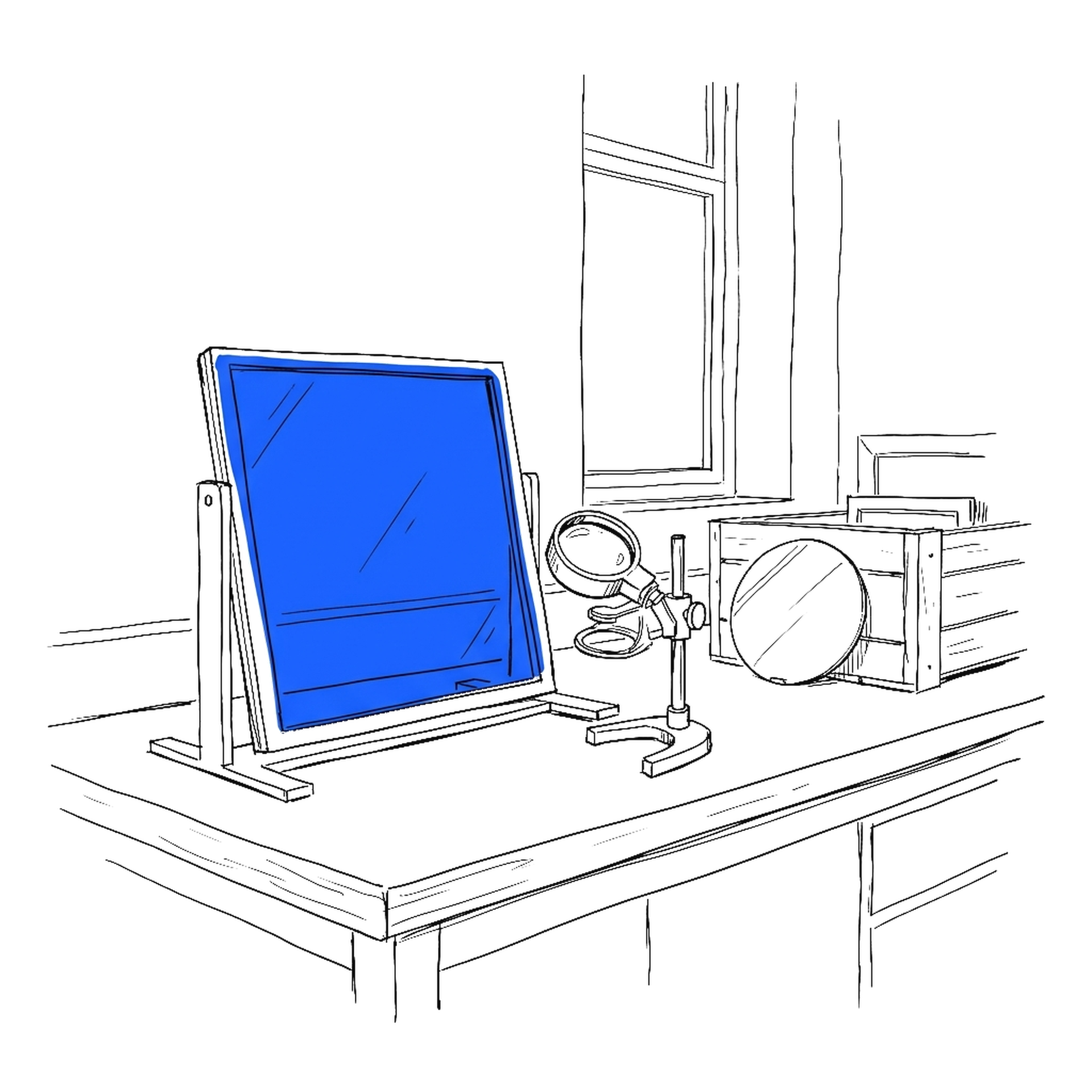 Illustration einer grossformatigen Photomaske auf einer Werkbank mit Lupe und Wafer, kinewsletter.ch Stil