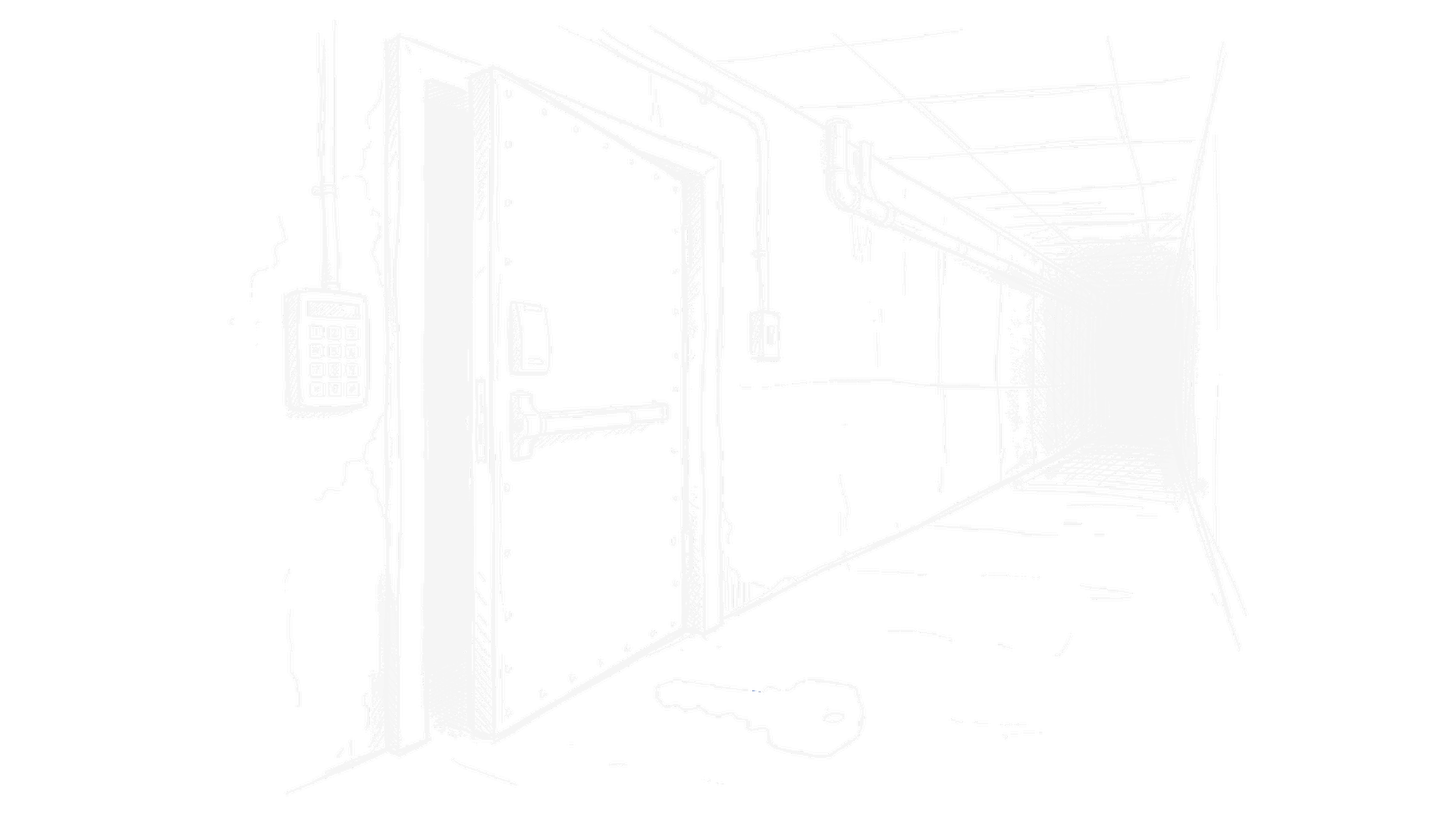 Skizze einer schweren Serverraum-Stahltür, die einen Spalt offen steht, ein kleiner Schlüssel liegt davor am Boden, Tastenfeld an der Wand, dunkler Korridor (Dark)