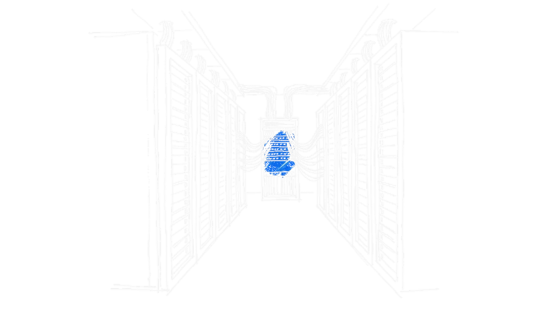 Handgezeichnete Skizze eines Rechenzentrum-Gangs mit Serverschraenken, deren Kabel in einem zentralen Routing-Panel zusammenlaufen, mit elektroblauem Akzent (Dark Mode)