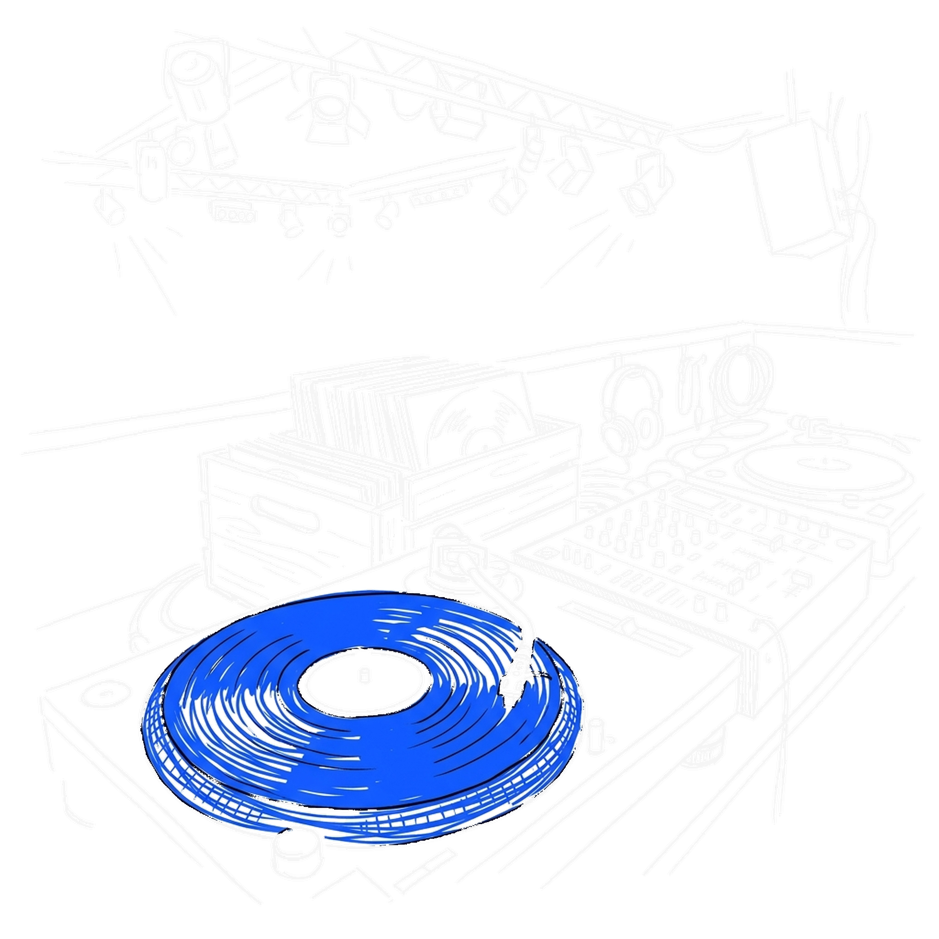 Illustration einer DJ-Kanzel mit Plattenteller, Plattenkiste und Mixer, kinewsletter.ch Stil
