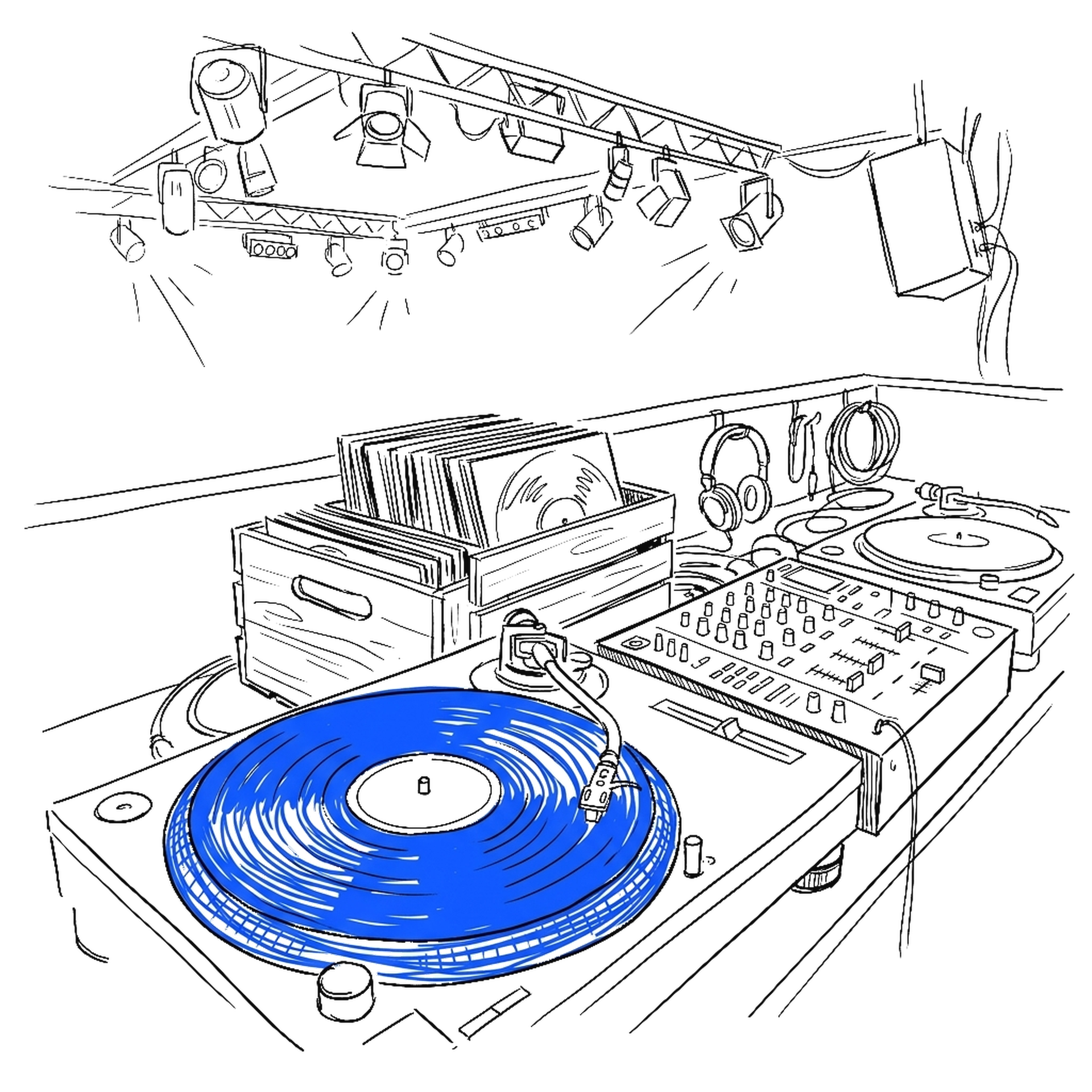 Illustration einer DJ-Kanzel mit Plattenteller, Plattenkiste und Mixer, kinewsletter.ch Stil