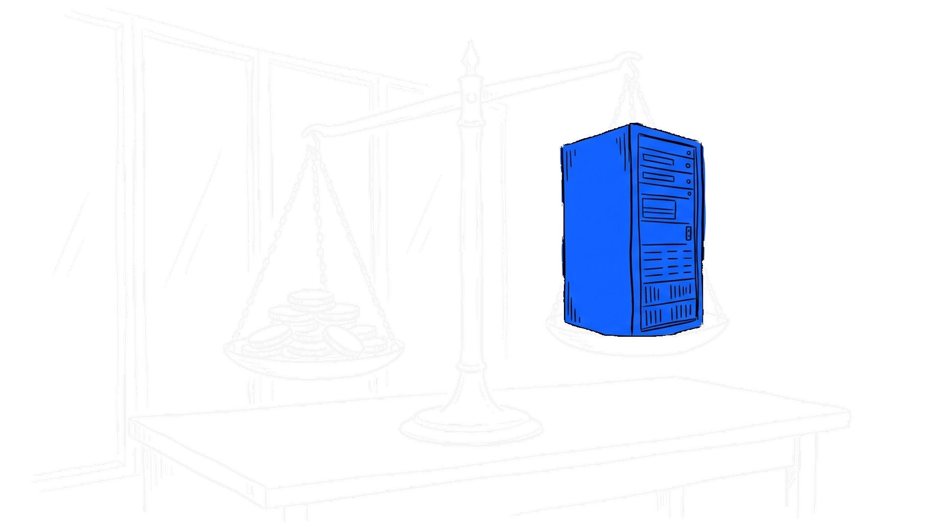 Illustration eines blauen Serverturms auf einer Balkenwaage, kinewsletter.ch Stil
