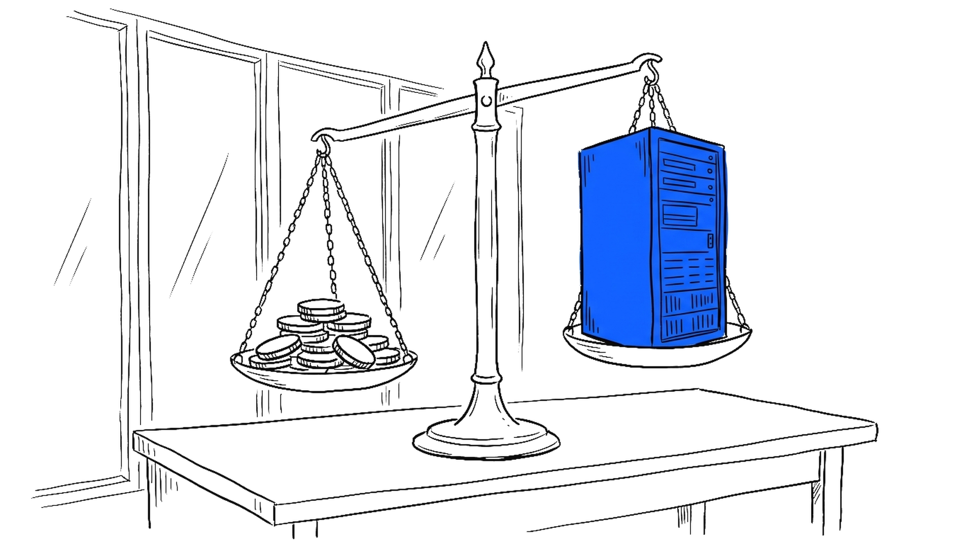 Illustration eines blauen Serverturms auf einer Balkenwaage, kinewsletter.ch Stil