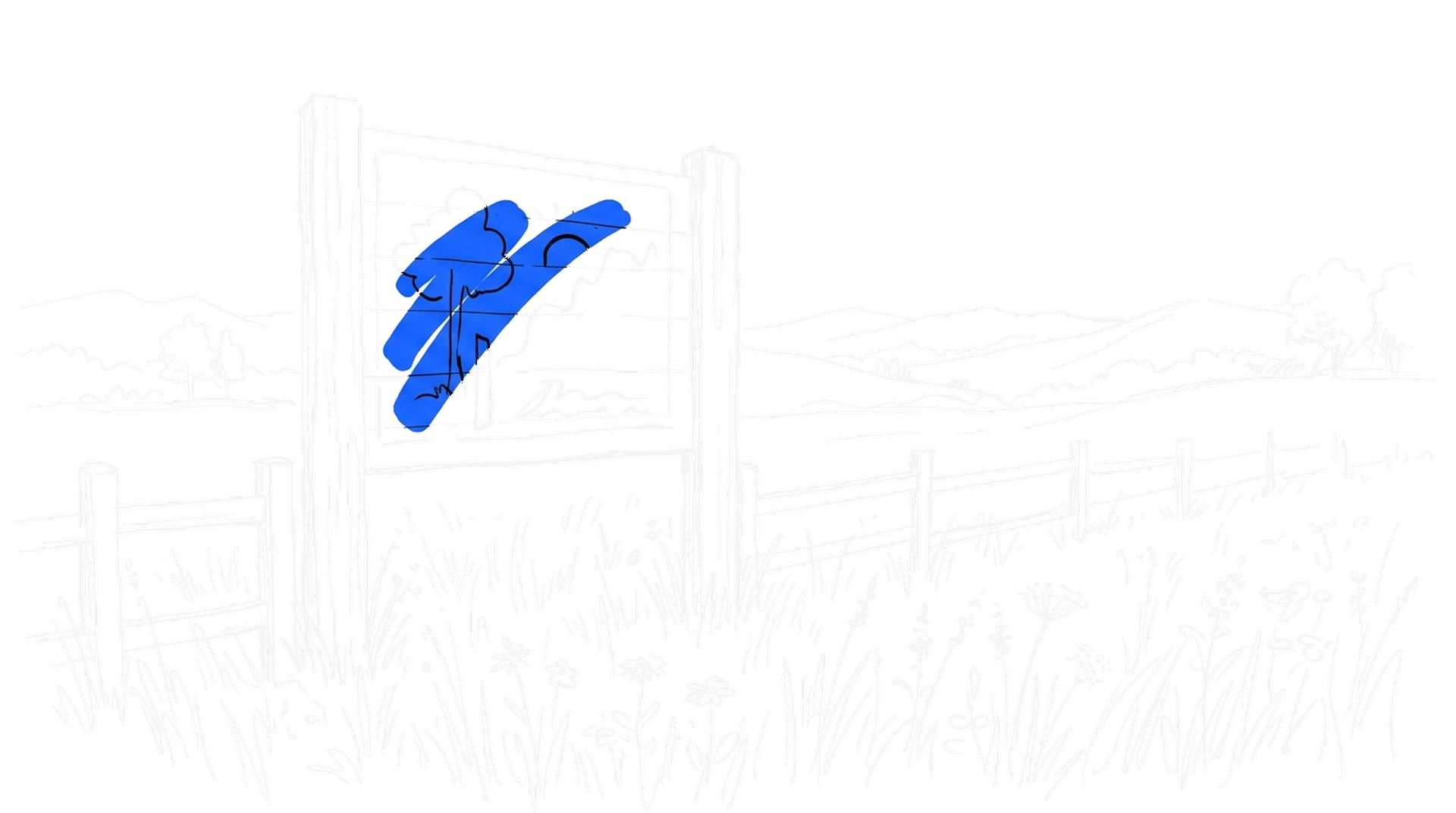 Illustration einer grossen bemalten Holztafel auf zwei Pfosten am Rand einer Wiese mit niedrigem Holzzaun, kinewsletter.ch Stil