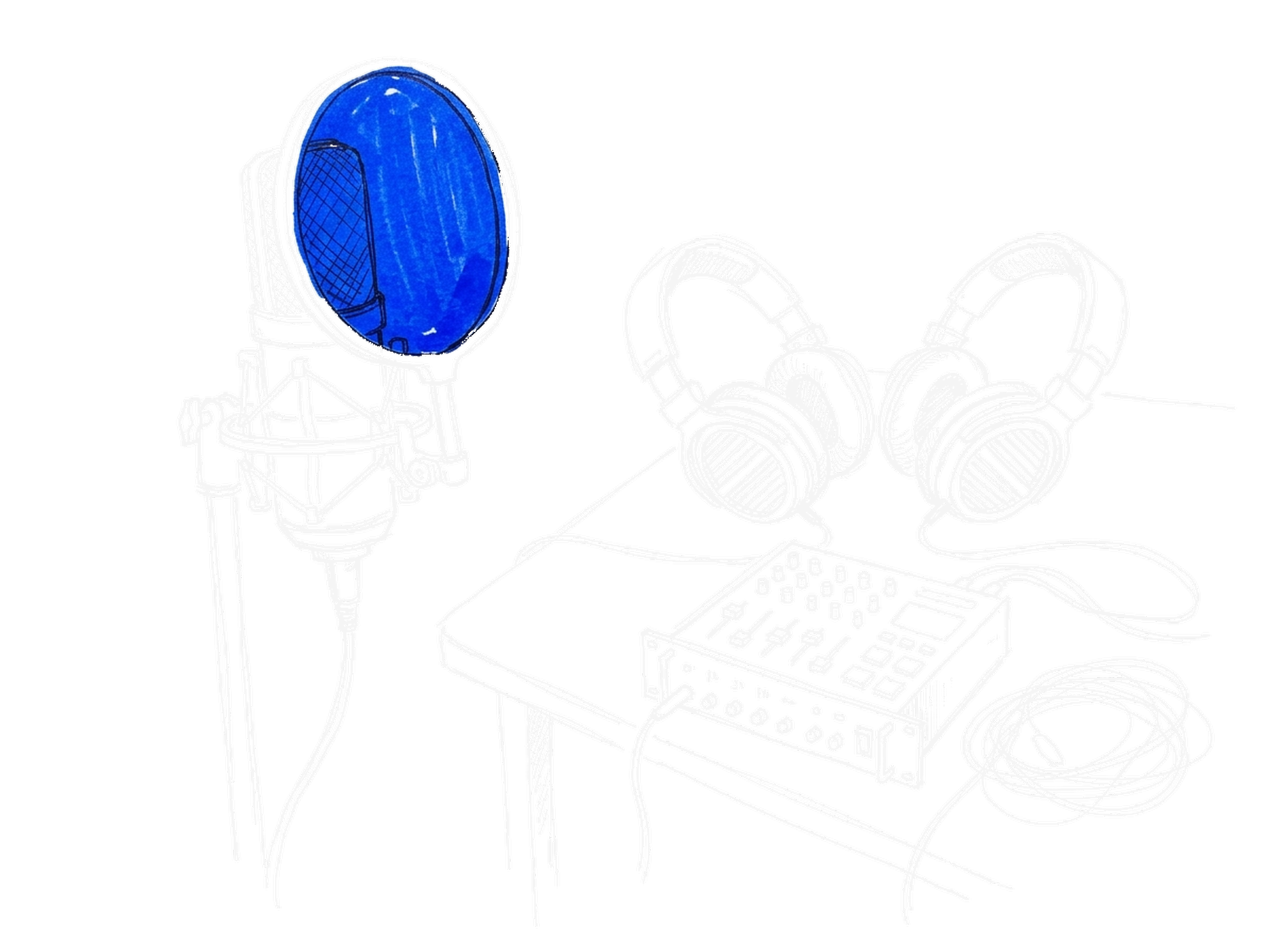 Handgezeichnete Skizze eines Studiomikrofons auf Stativ mit Kopfhörern, Mischpult und Kabel; das Mikrofon leuchtet in Blau