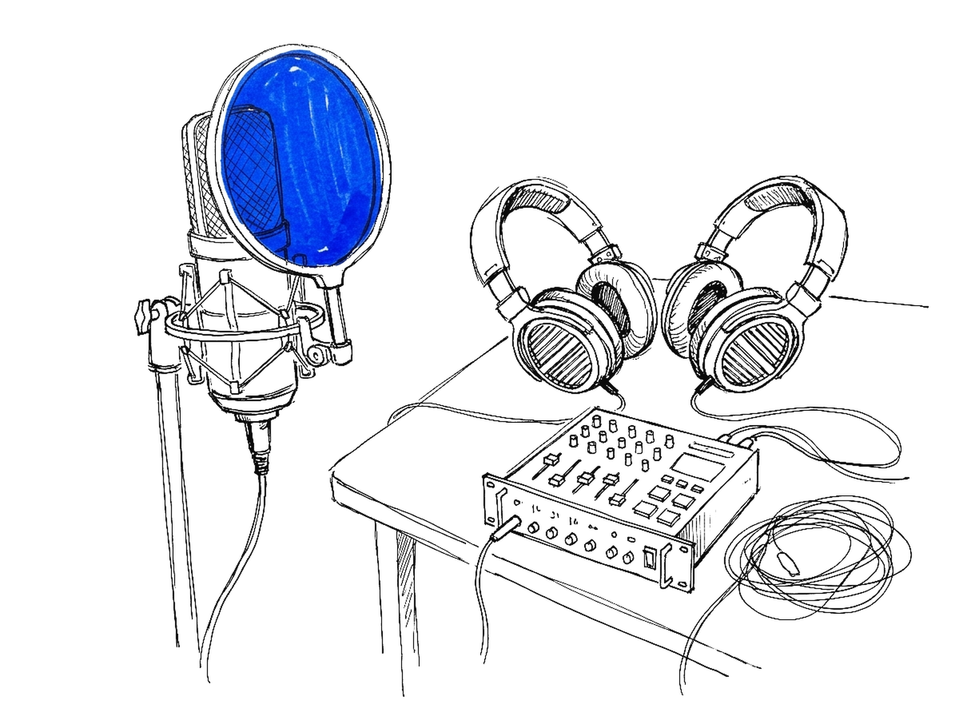 Handgezeichnete Skizze eines Studiomikrofons auf Stativ mit Kopfhörern, Mischpult und Kabel; das Mikrofon leuchtet in Blau
