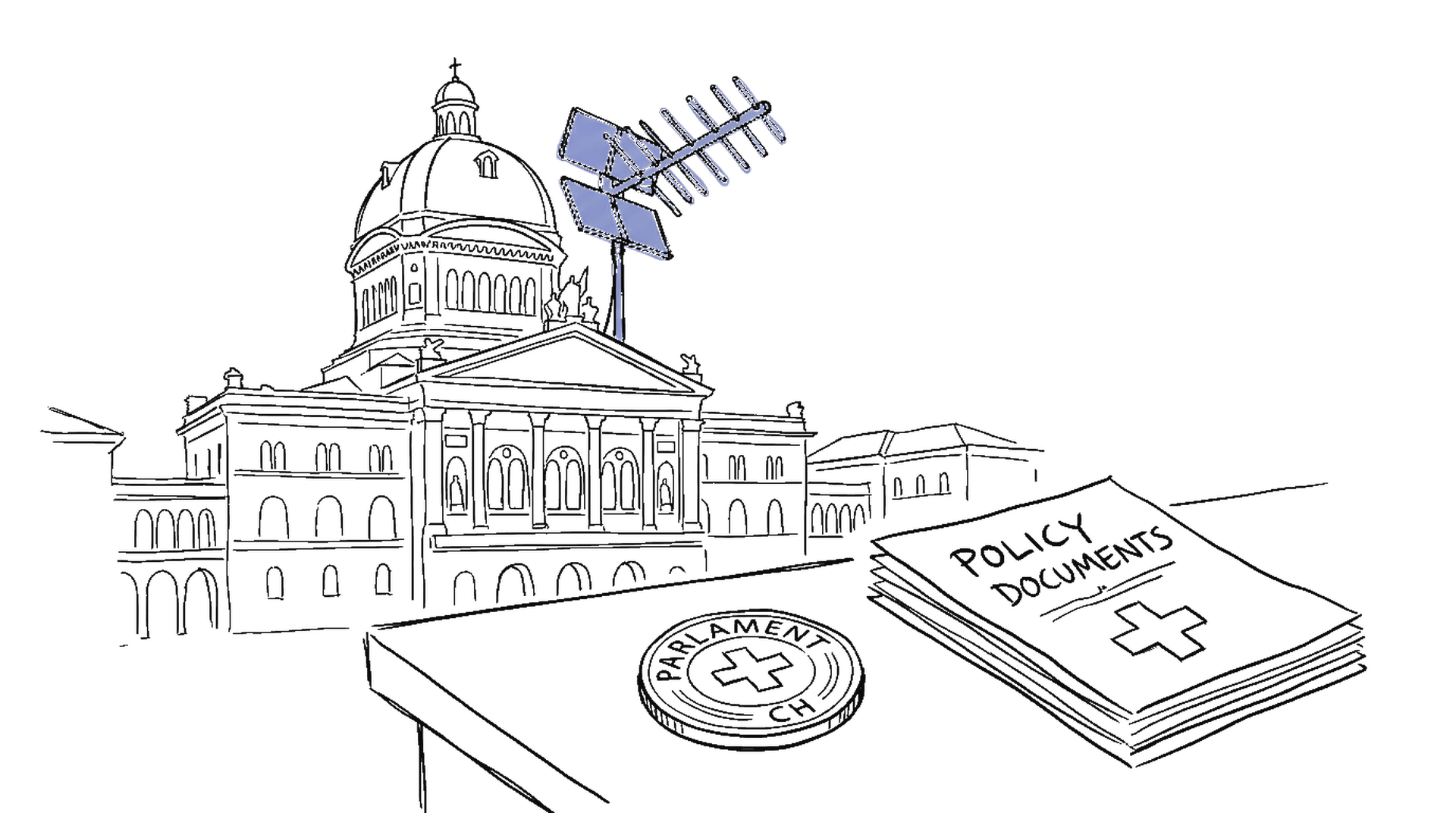Illustration des Bundeshauses mit Antenne auf dem Dach, Amtssiegel und Stapel von Policy-Dokumenten – kinewsletter.ch Stil