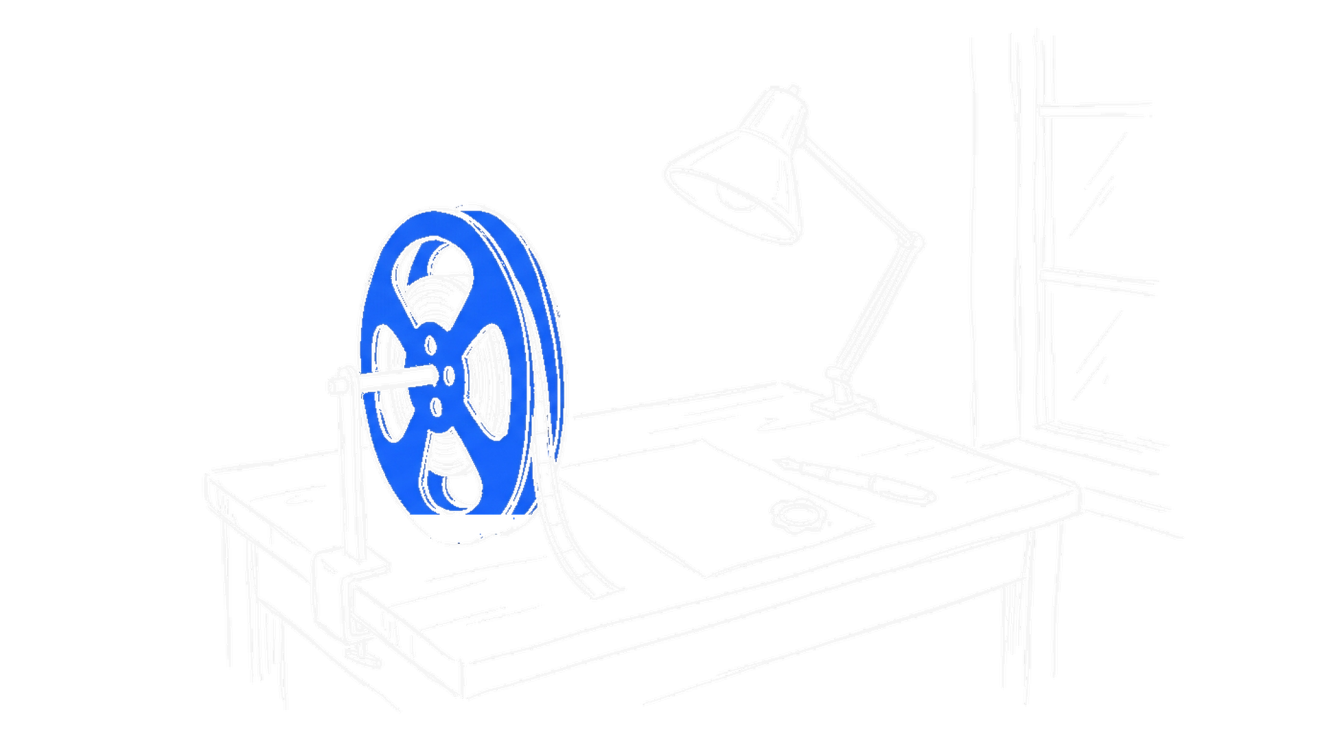 Illustration eines Filmschneidetischs mit Filmrolle, Wachssiegel und Füllfeder, kinewsletter.ch Stil