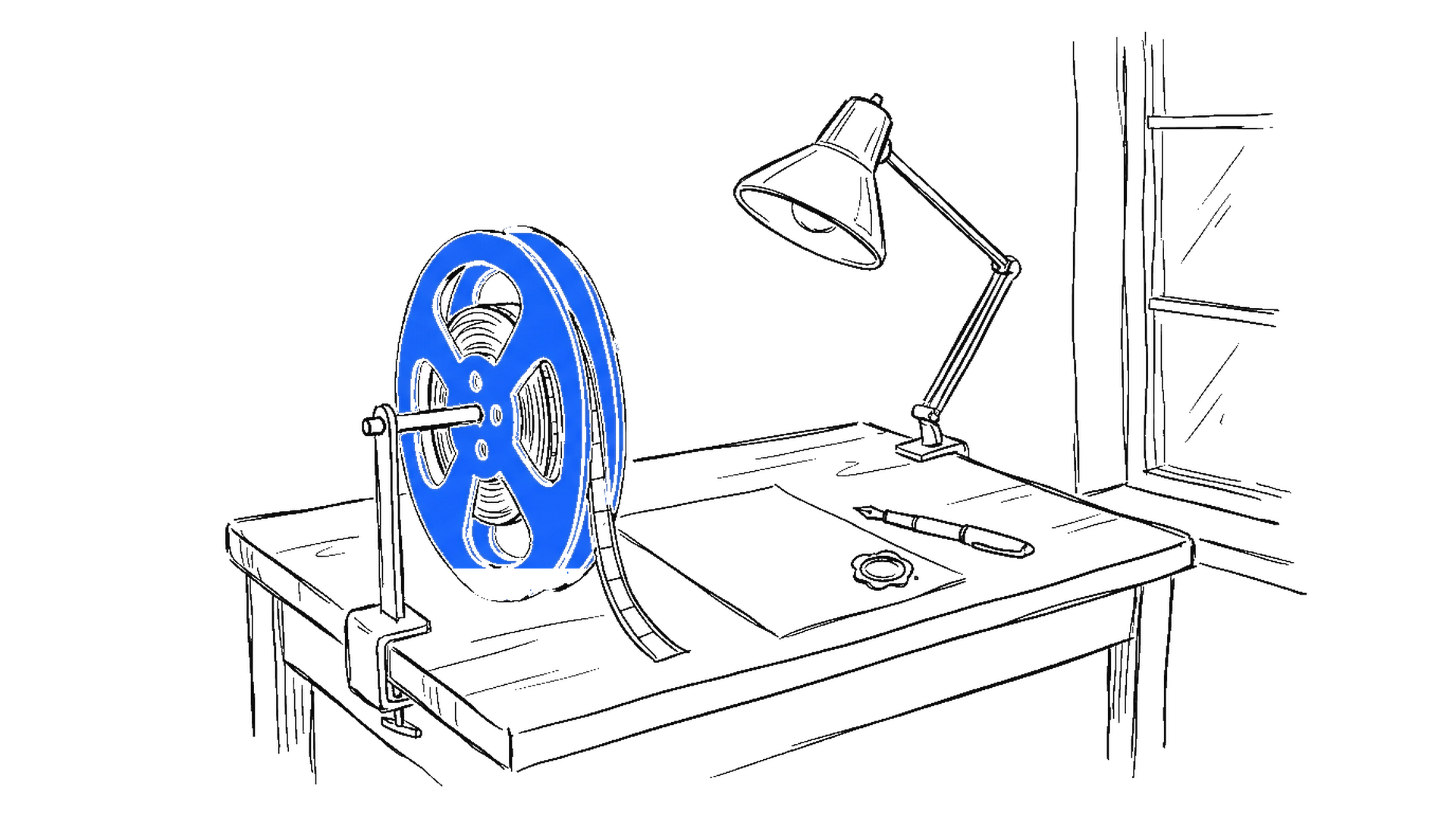 Illustration eines Filmschneidetischs mit Filmrolle, Wachssiegel und Füllfeder, kinewsletter.ch Stil