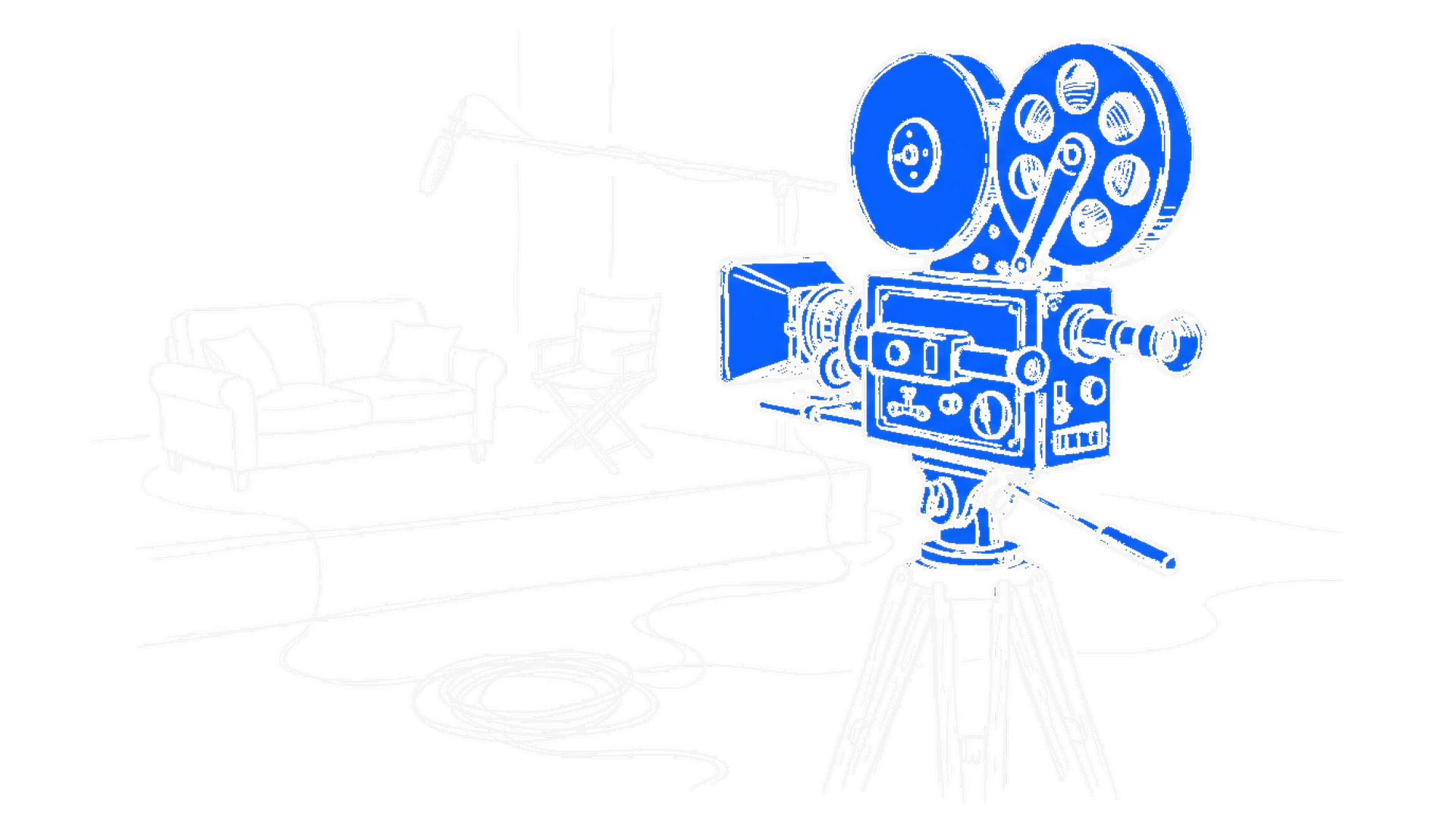 Illustration einer elektroblauen Filmkamera mit Filmrollen auf Holzstativ vor einem kleinen Studio-Set, kinewsletter.ch Stil