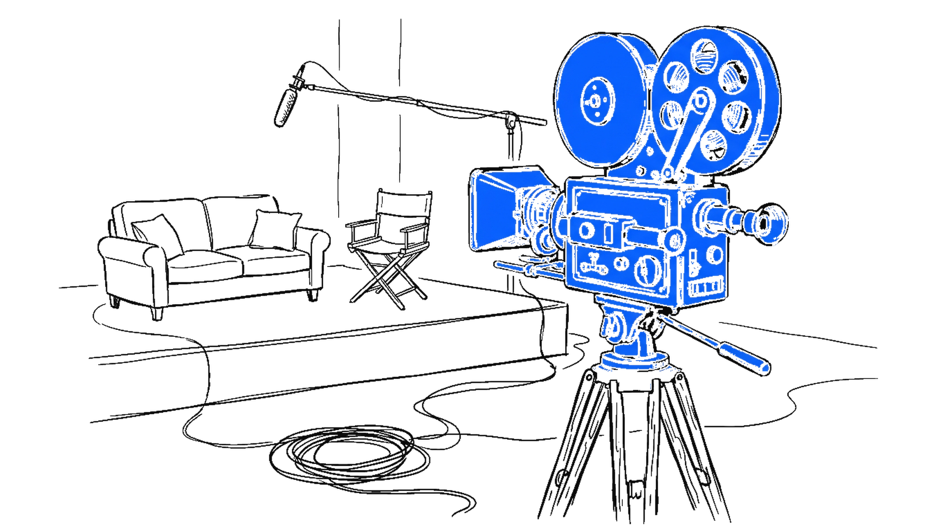 Illustration einer elektroblauen Filmkamera mit Filmrollen auf Holzstativ vor einem kleinen Studio-Set, kinewsletter.ch Stil