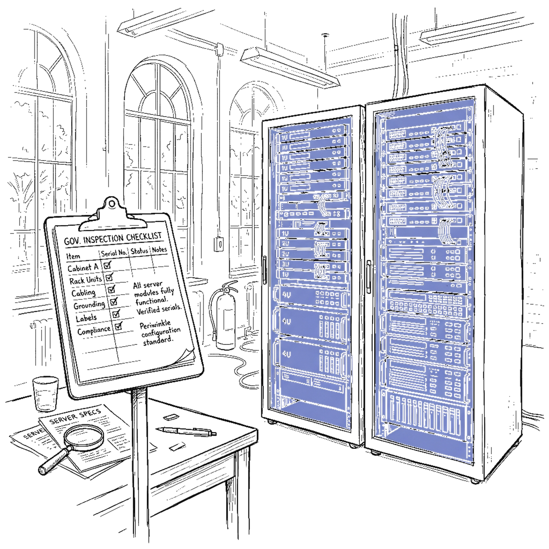 Skizze eines Inspektionsraums mit Server-Schraenken und Klemmbrett, kinewsletter.ch Stil