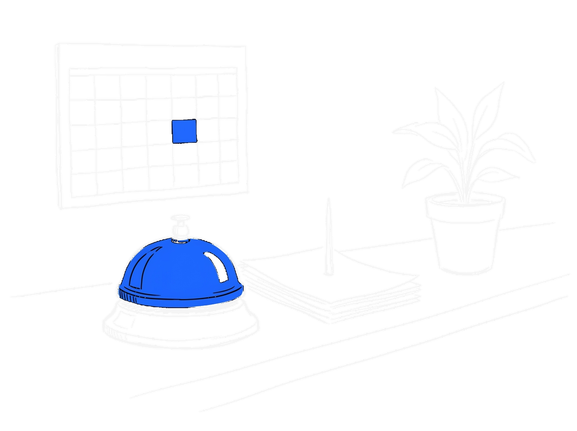 Handgezeichnete Skizze eines Ladentischs mit blauer Tischglocke, Papierstapel auf Dorn, Wandkalender mit blauem Feld und Zimmerpflanze