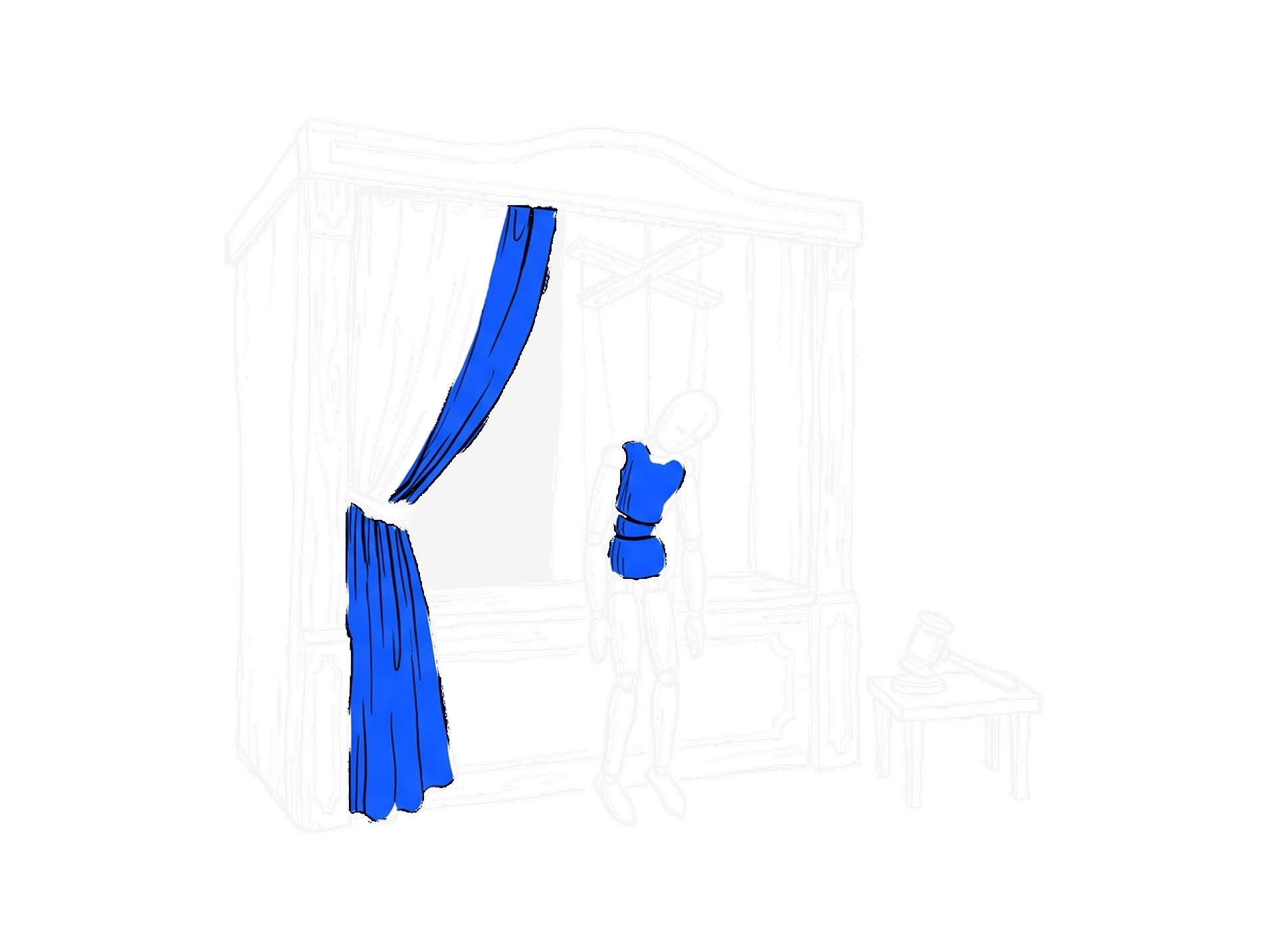 Handgezeichnete Skizze einer Puppenbühne mit halb geöffnetem blauem Vorhang, schlaff hängender Marionette und Richterhammer auf einem Tischchen
