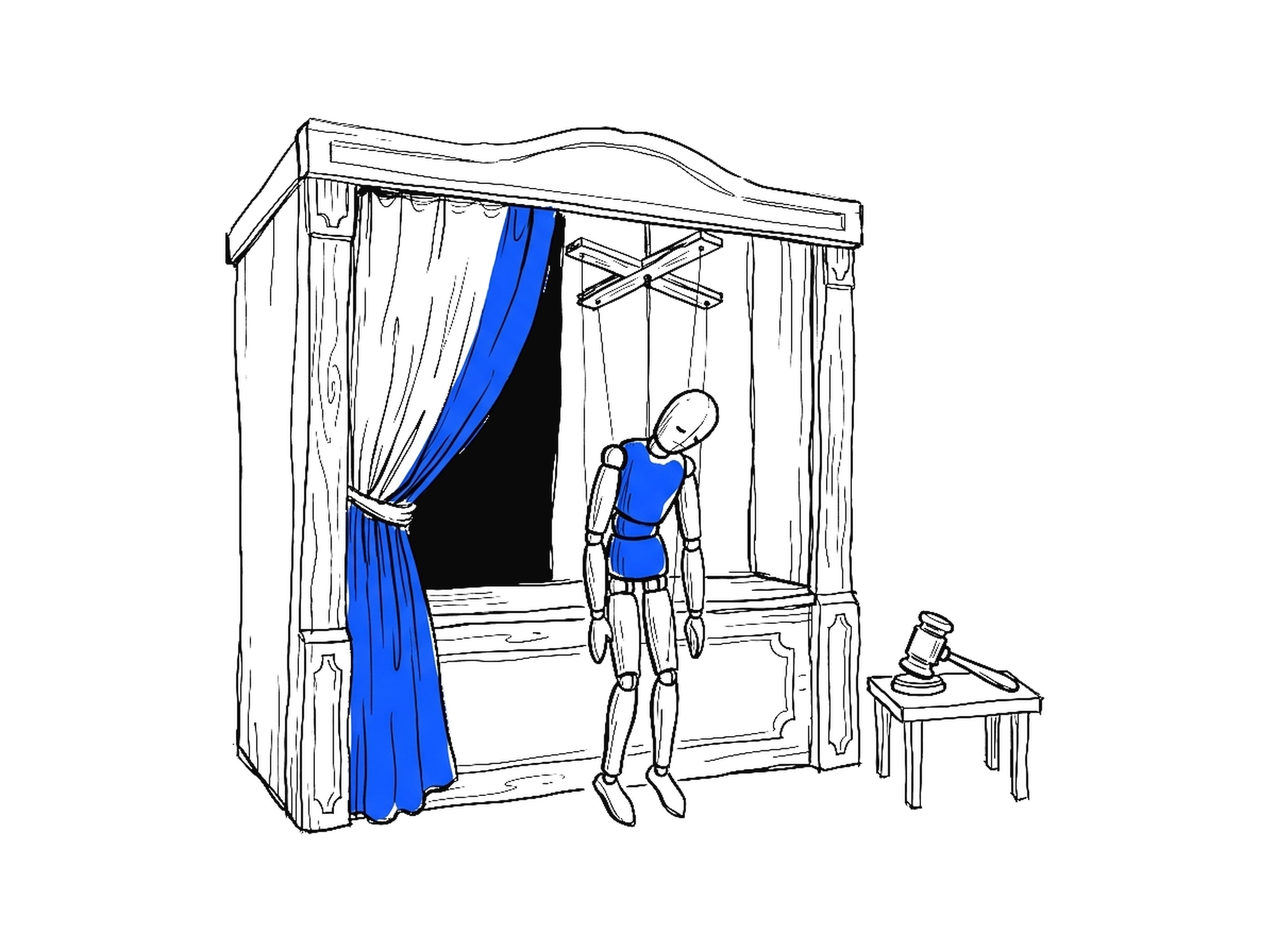 Handgezeichnete Skizze einer Puppenbühne mit halb geöffnetem blauem Vorhang, schlaff hängender Marionette und Richterhammer auf einem Tischchen