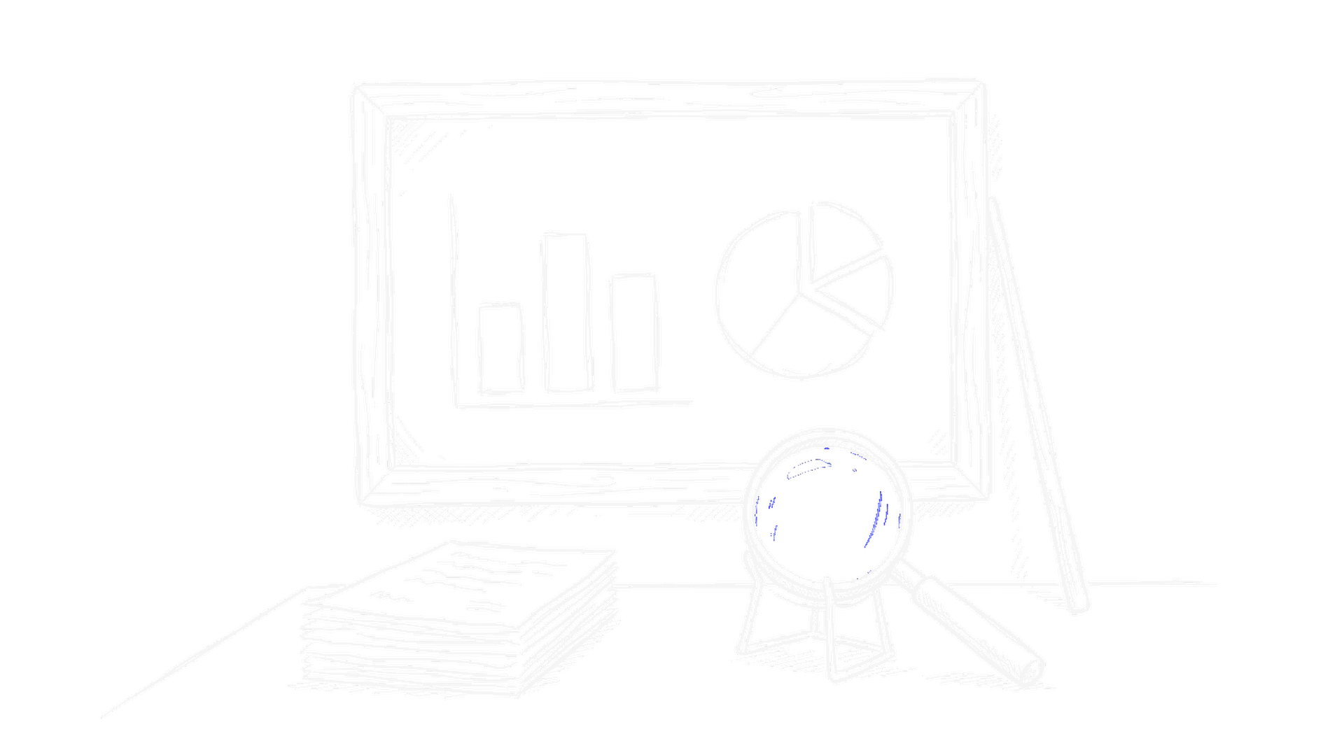 Handgezeichnete Skizze einer Schultafel mit Balken- und Tortendiagramm, davor ein Stapel Papier und eine Lupe mit elektroblauem Glas auf einem Staender (Dark Mode)