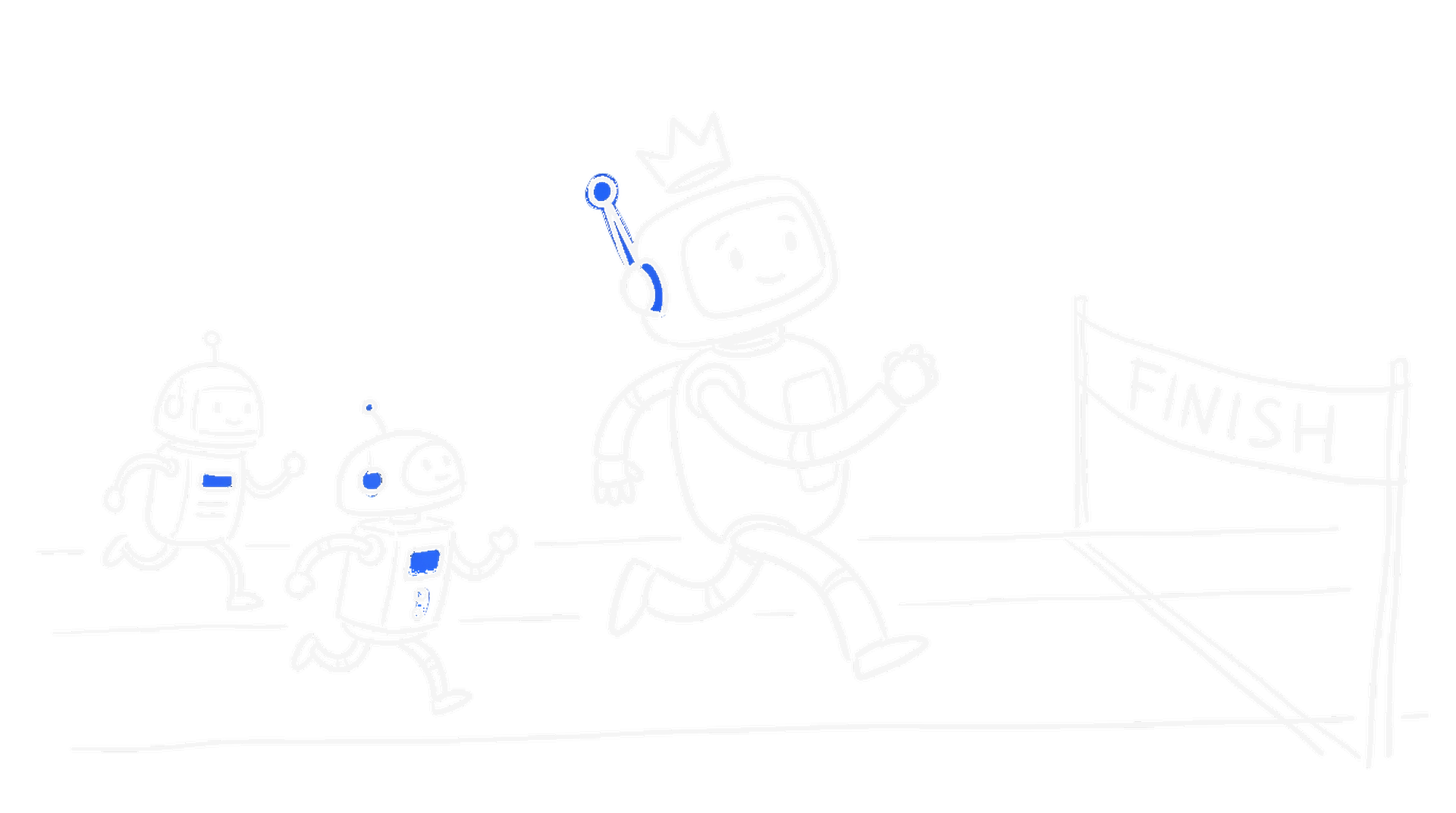 Handgezeichnete Skizze von drei Chatbot-Robotern bei einem Wettrennen, der fuehrende mit Krone blickt zurueck, zwei kleinere holen auf, Ziellinie voraus, mit elektroblauem Akzent (Dark Mode)