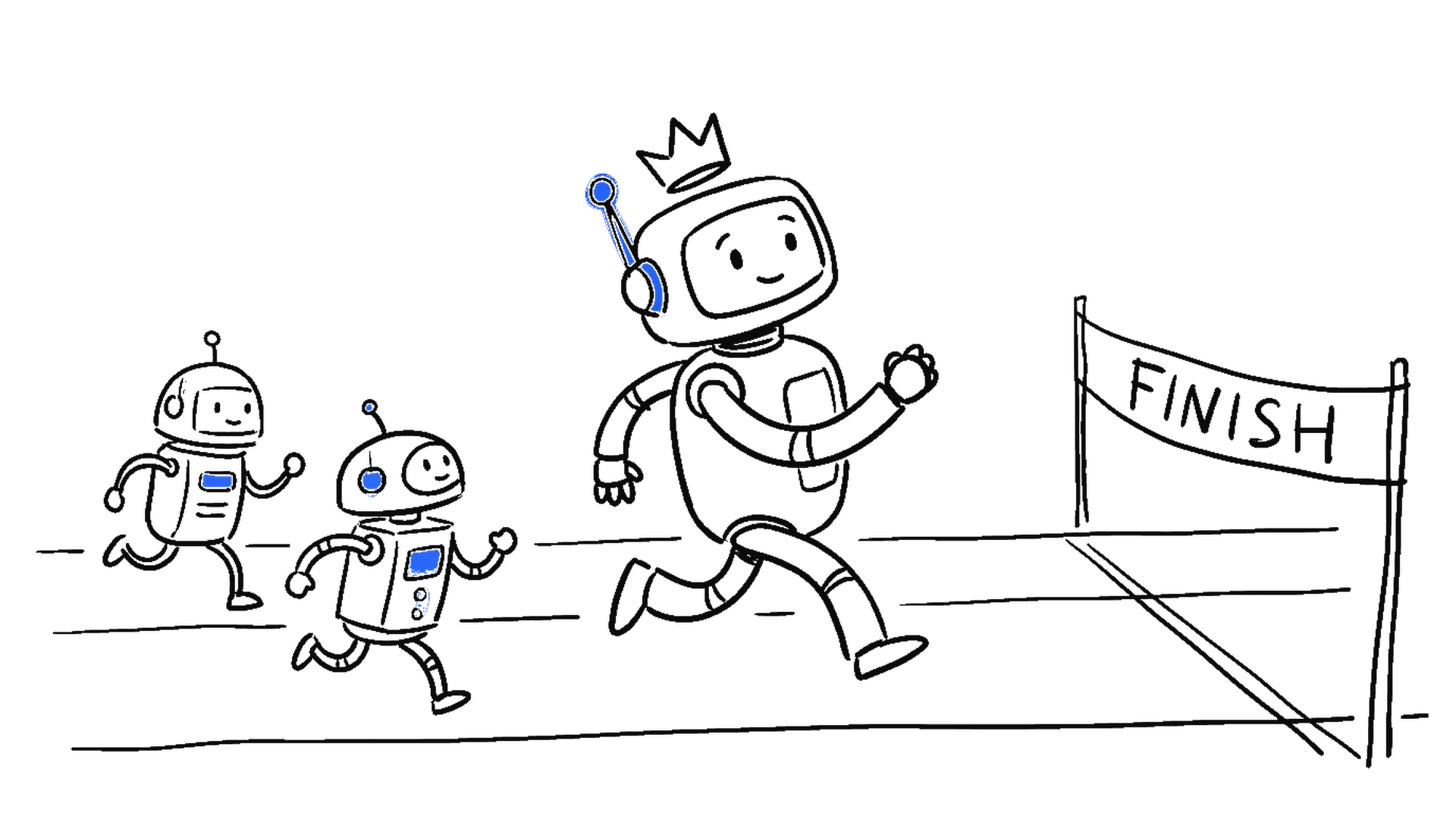 Handgezeichnete Skizze von drei Chatbot-Robotern bei einem Wettrennen, der fuehrende mit Krone blickt zurueck, zwei kleinere holen auf, Ziellinie voraus, mit elektroblauem Akzent