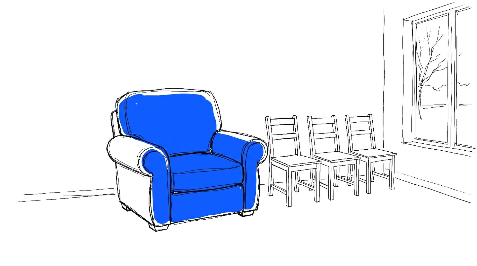Handgezeichnete Illustration: zwei Bürostühle nebeneinander, einer mit deutlich höherem Preisschild – kinewsletter.ch Stil