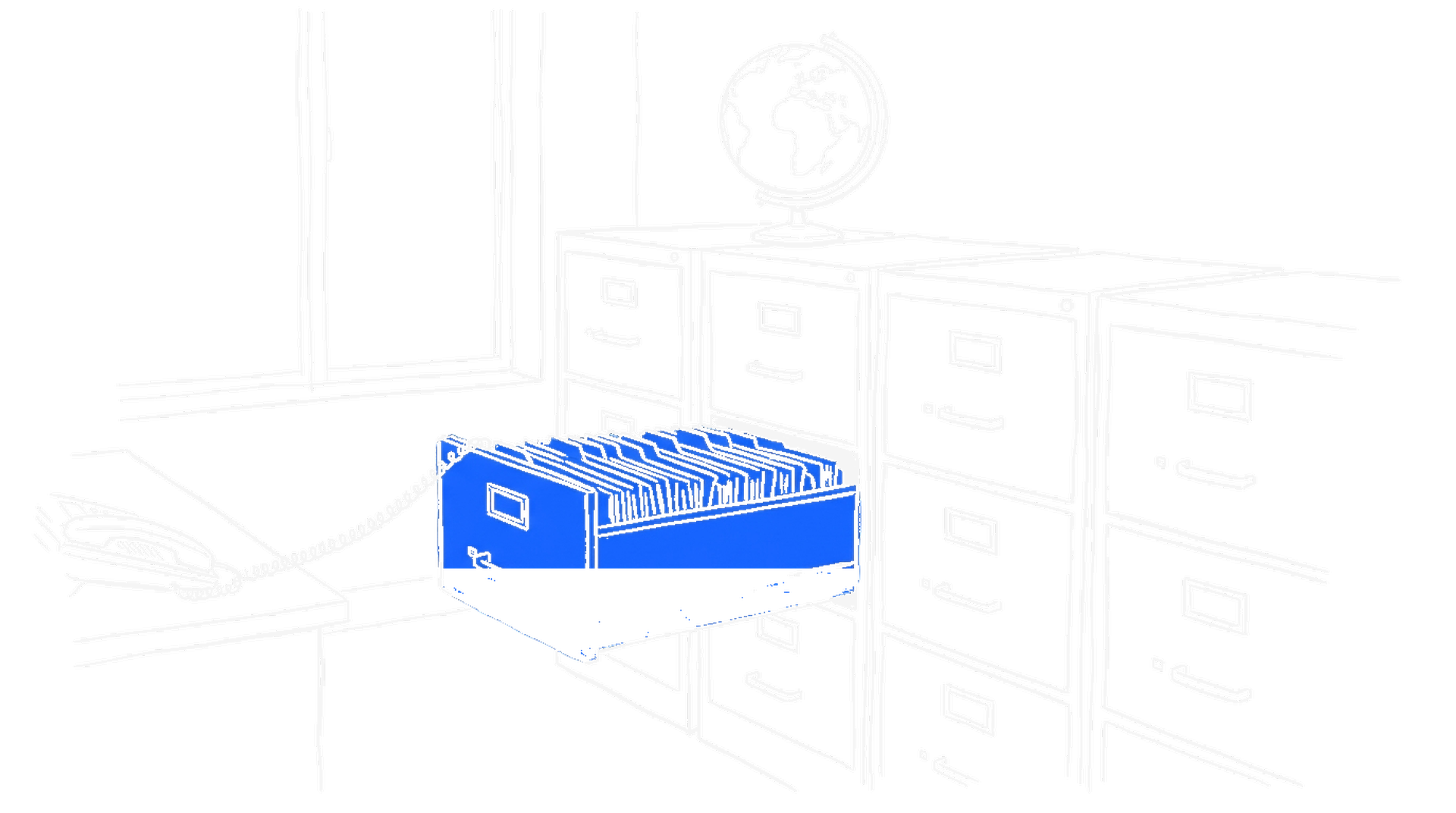 Illustration eines Aktenschranks mit aufgezogener Schublade, Telefonschnur und Globus, kinewsletter.ch Stil