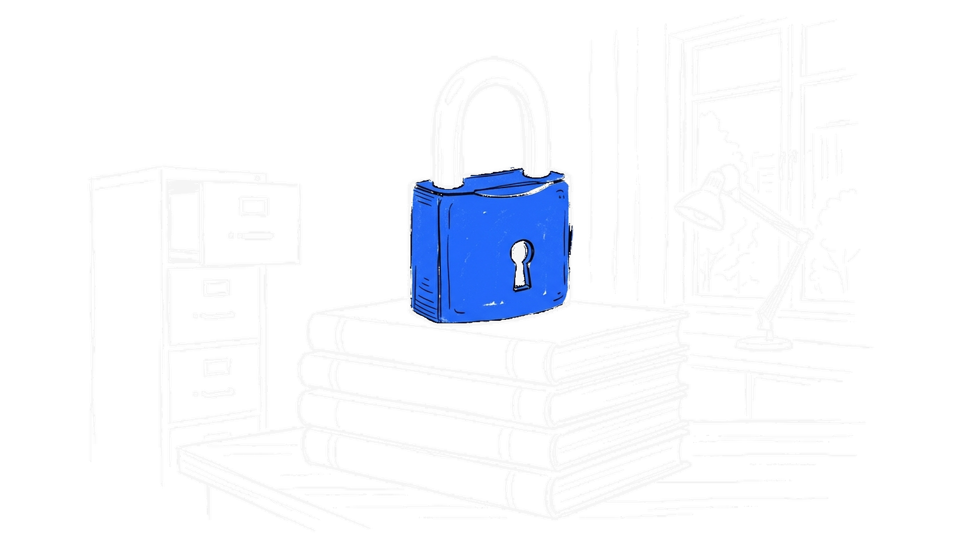 Illustration eines blauen Vorhängeschlosses auf einem Stapel Bücher vor einem Aktenschrank, kinewsletter.ch Stil