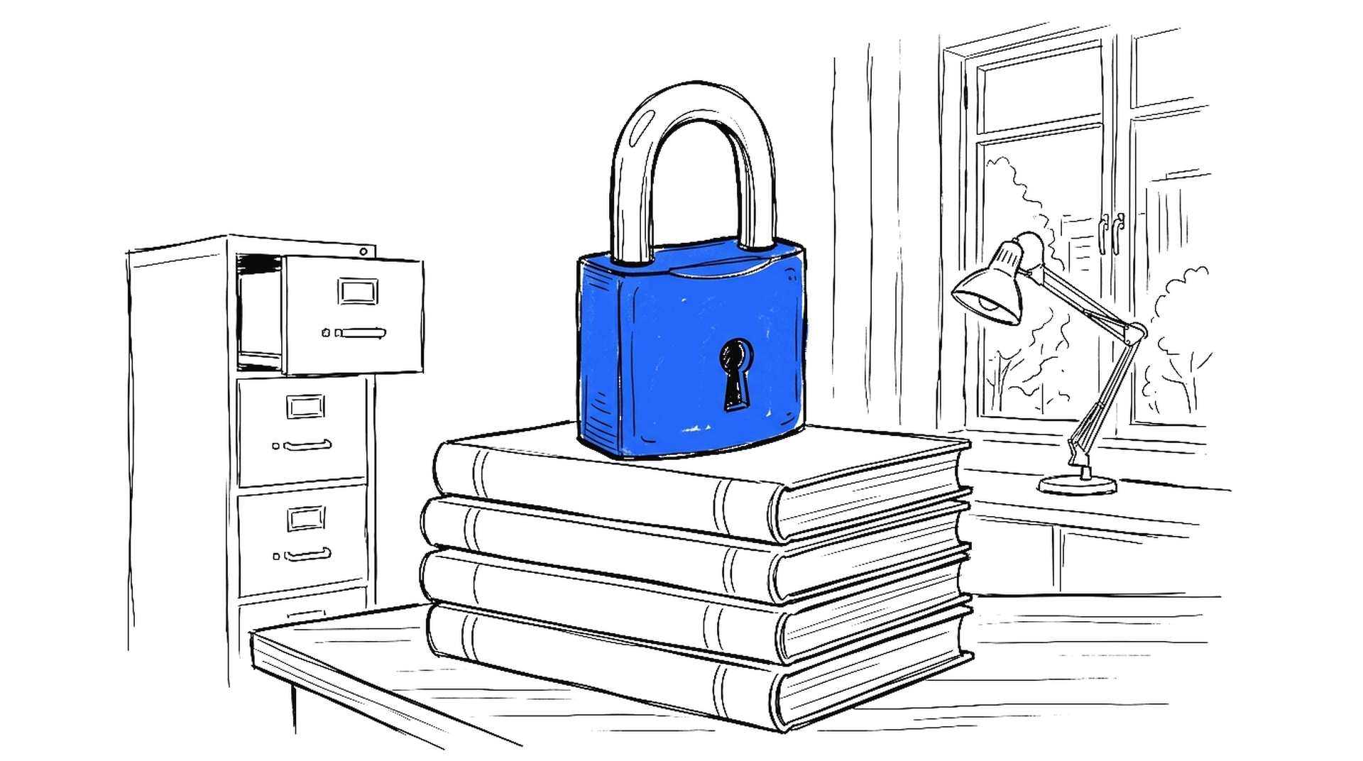 Illustration eines blauen Vorhängeschlosses auf einem Stapel Bücher vor einem Aktenschrank, kinewsletter.ch Stil